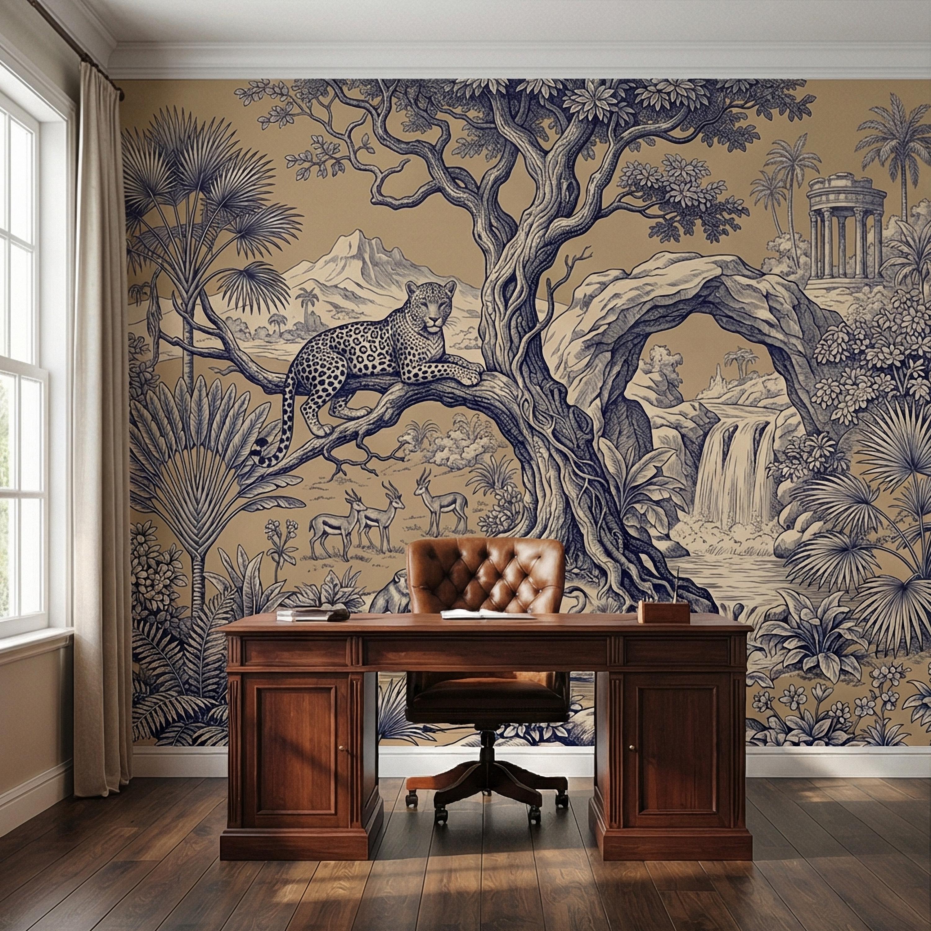 Safari Toile Peel and Stick Wall Mural, Leopard Jungle Landscape, Monkeys Gazelles Waterfall Palm Tree, Blue Beige Vintage Scenic Wallpaper