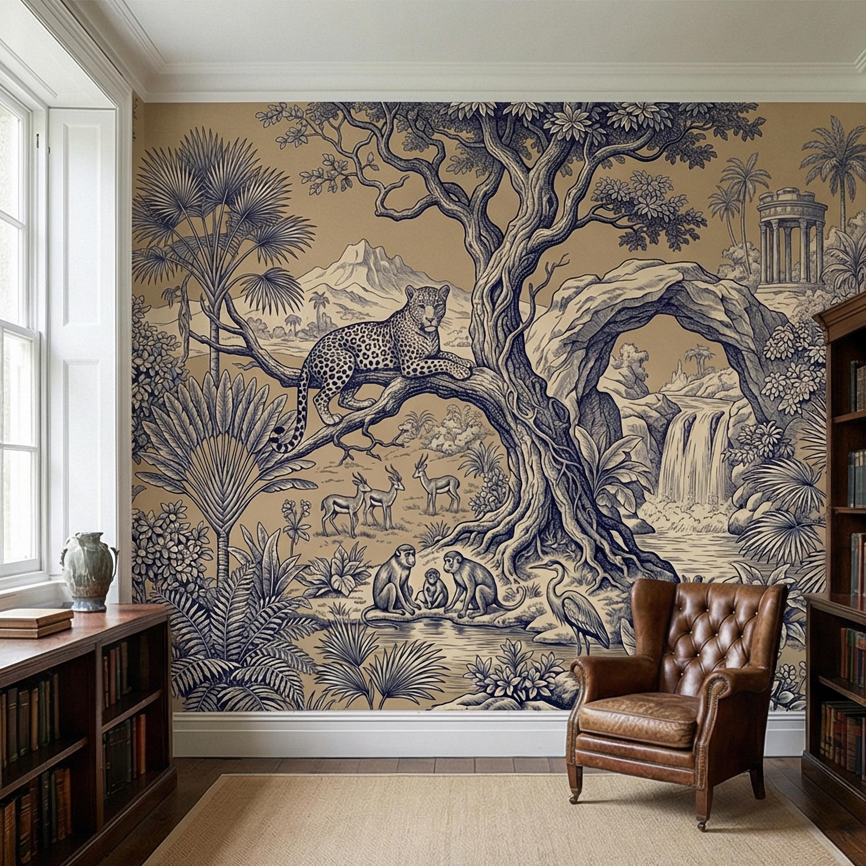 Safari Toile Peel and Stick Wall Mural, Leopard Jungle Landscape, Monkeys Gazelles Waterfall Palm Tree, Blue Beige Vintage Scenic Wallpaper