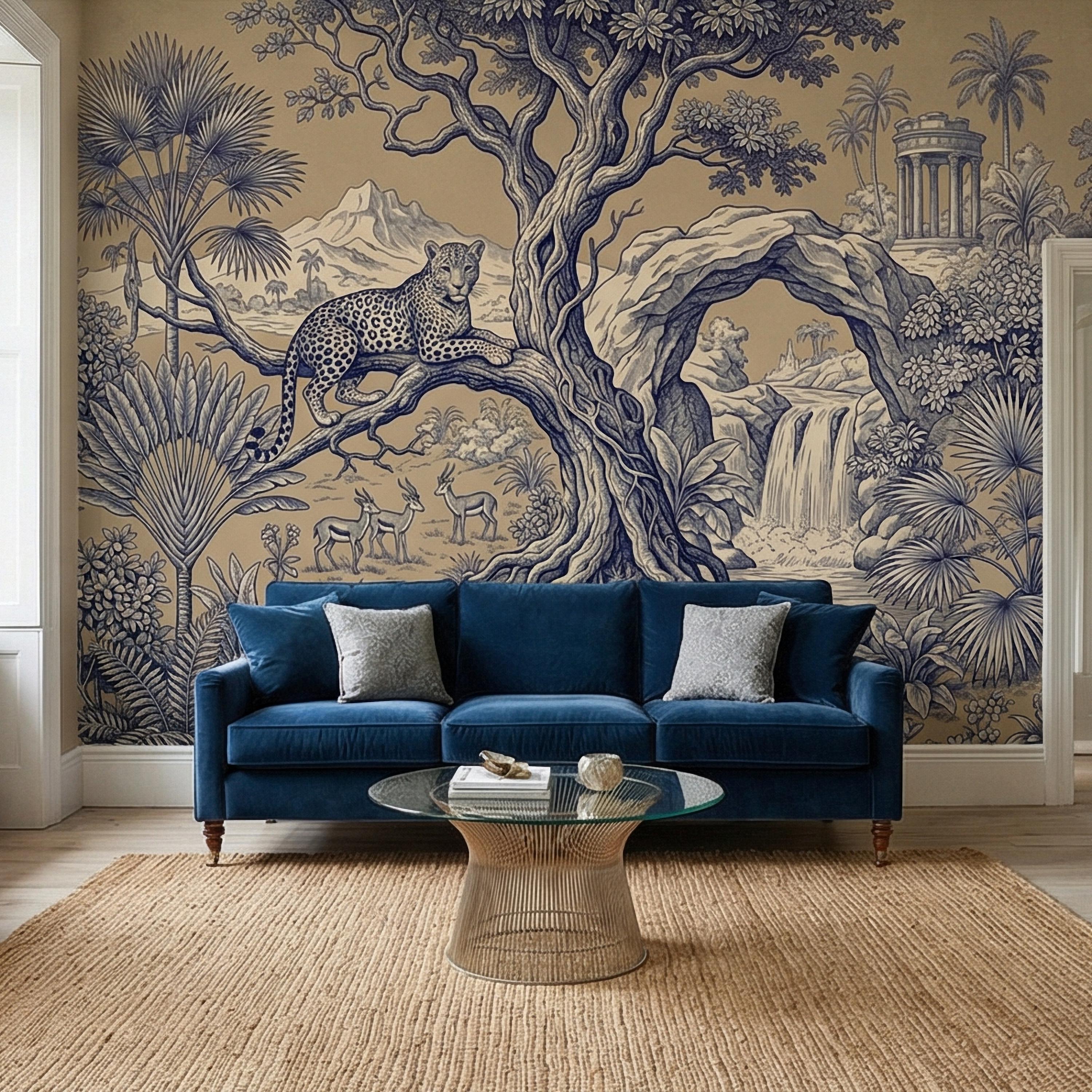 Safari Toile Peel and Stick Wall Mural, Leopard Jungle Landscape, Monkeys Gazelles Waterfall Palm Tree, Blue Beige Vintage Scenic Wallpaper