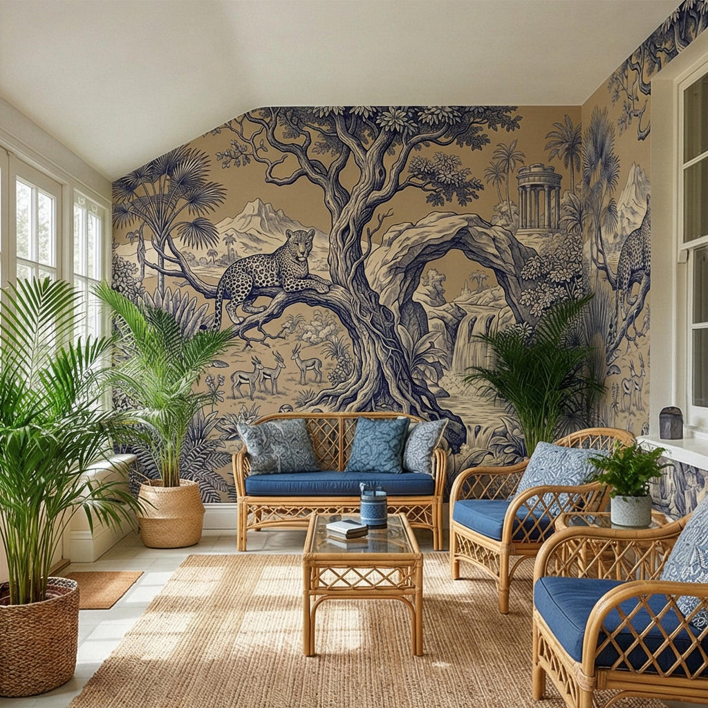 Safari Toile Peel and Stick Wall Mural, Leopard Jungle Landscape, Monkeys Gazelles Waterfall Palm Tree, Blue Beige Vintage Scenic Wallpaper