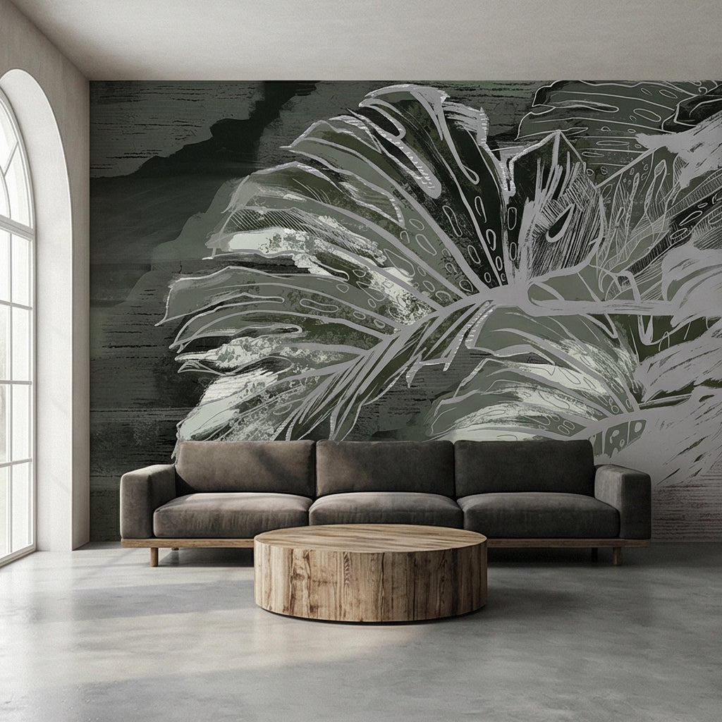 Abstract Tropical Monstera Leaf Peel and Stick Wall Mural, Moody Sage Green Botanical, Dark Charcoal Painterly Modern Tropical Wallpaper