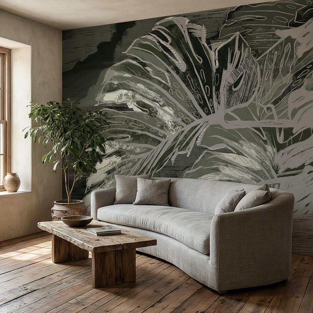 Abstract Tropical Monstera Leaf Peel and Stick Wall Mural, Moody Sage Green Botanical, Dark Charcoal Painterly Modern Tropical Wallpaper