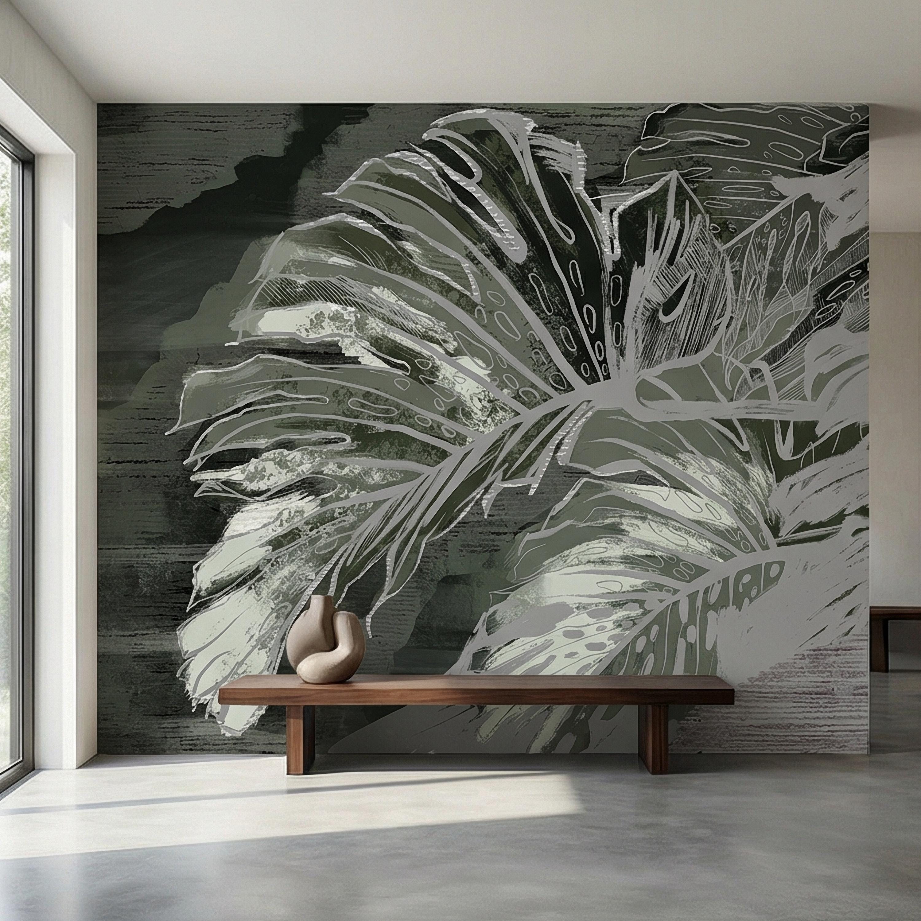 Abstract Tropical Monstera Leaf Peel and Stick Wall Mural, Moody Sage Green Botanical, Dark Charcoal Painterly Modern Tropical Wallpaper
