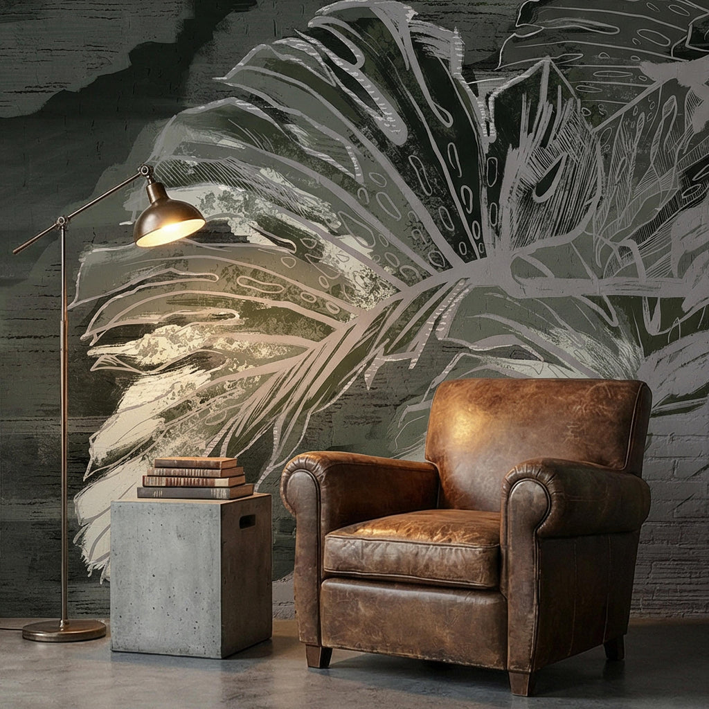 Abstract Tropical Monstera Leaf Peel and Stick Wall Mural, Moody Sage Green Botanical, Dark Charcoal Painterly Modern Tropical Wallpaper