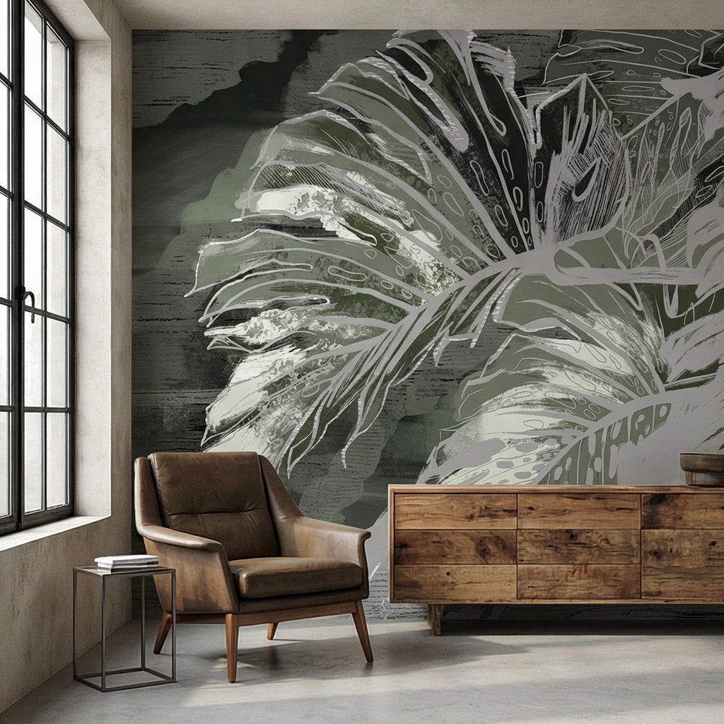Abstract Tropical Monstera Leaf Peel and Stick Wall Mural, Moody Sage Green Botanical, Dark Charcoal Painterly Modern Tropical Wallpaper