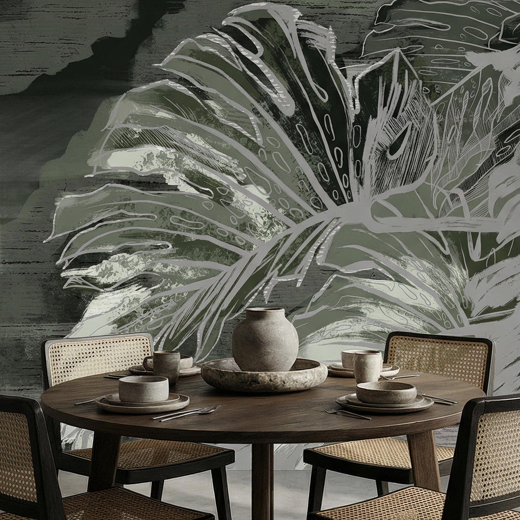 Abstract Tropical Monstera Leaf Peel and Stick Wall Mural, Moody Sage Green Botanical, Dark Charcoal Painterly Modern Tropical Wallpaper