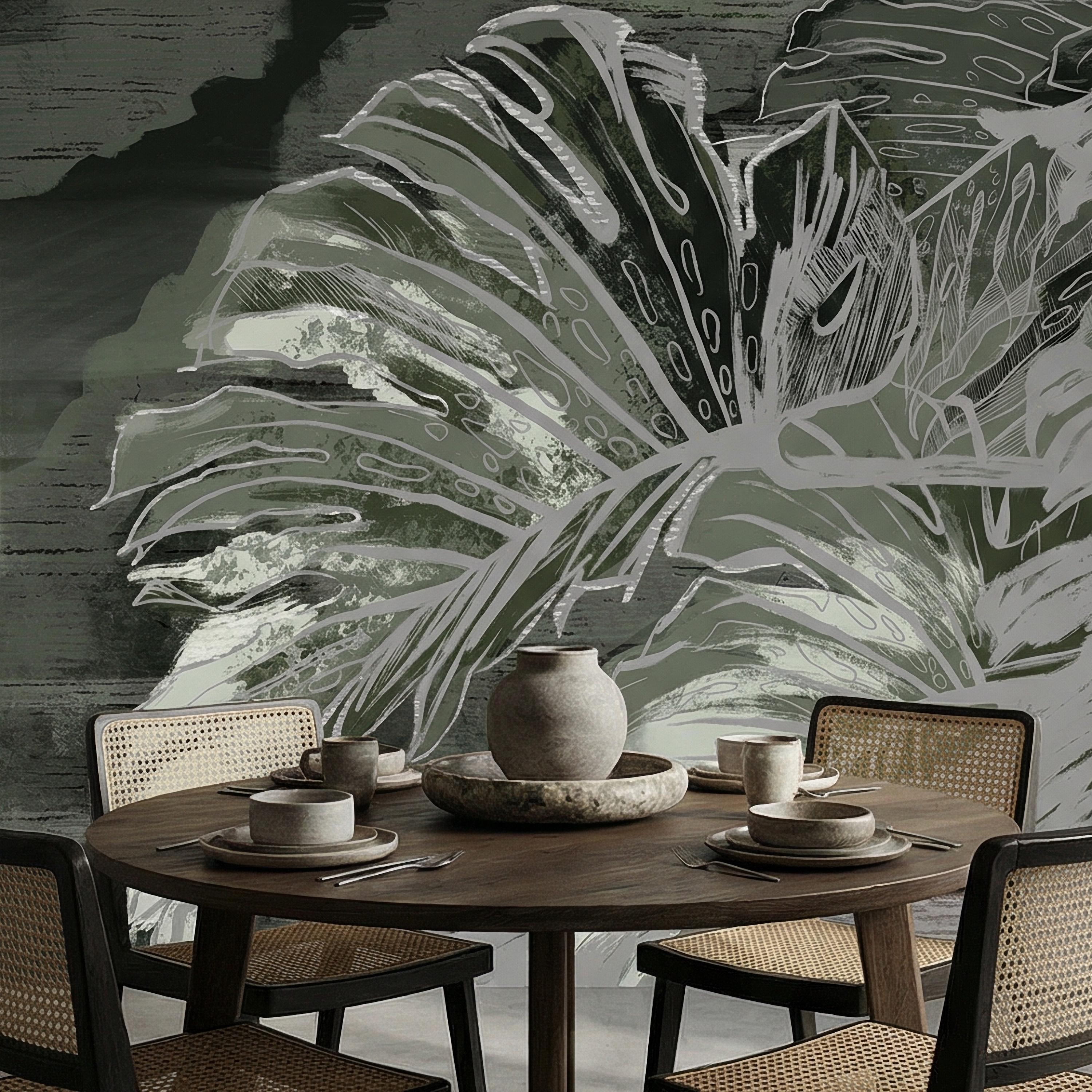 Abstract Tropical Monstera Leaf Peel and Stick Wall Mural, Moody Sage Green Botanical, Dark Charcoal Painterly Modern Tropical Wallpaper