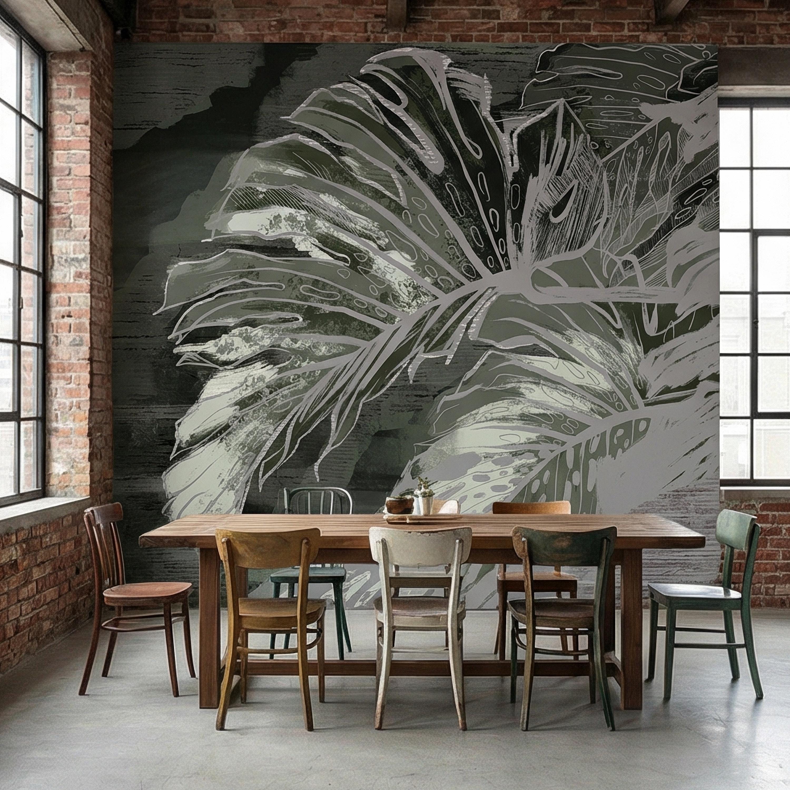 Abstract Tropical Monstera Leaf Peel and Stick Wall Mural, Moody Sage Green Botanical, Dark Charcoal Painterly Modern Tropical Wallpaper