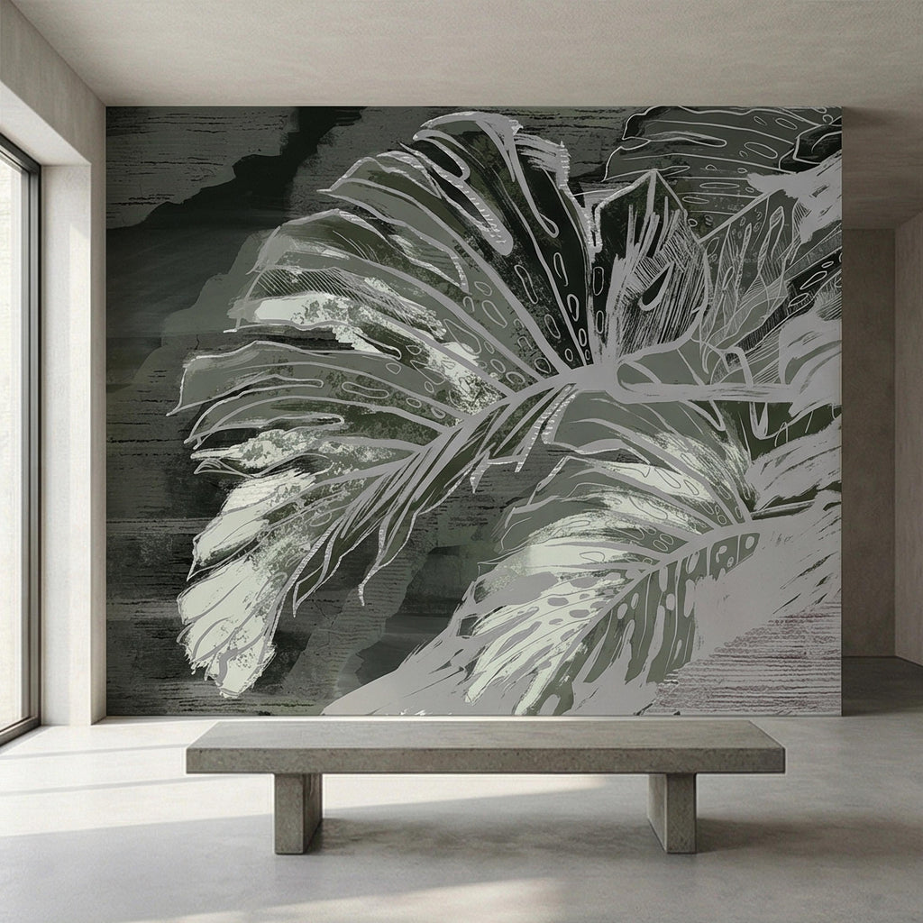 Abstract Tropical Monstera Leaf Peel and Stick Wall Mural, Moody Sage Green Botanical, Dark Charcoal Painterly Modern Tropical Wallpaper
