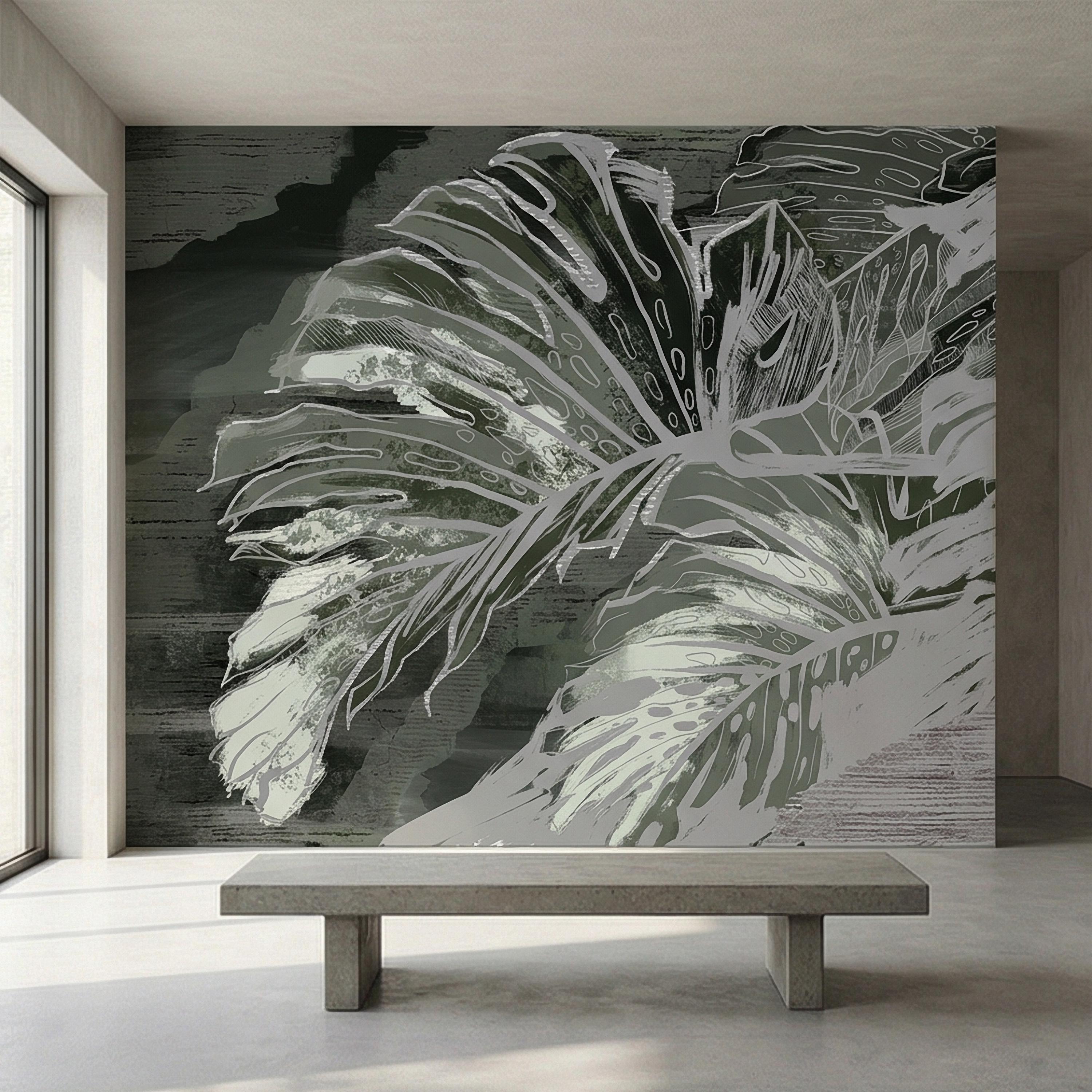 Abstract Tropical Monstera Leaf Peel and Stick Wall Mural, Moody Sage Green Botanical, Dark Charcoal Painterly Modern Tropical Wallpaper