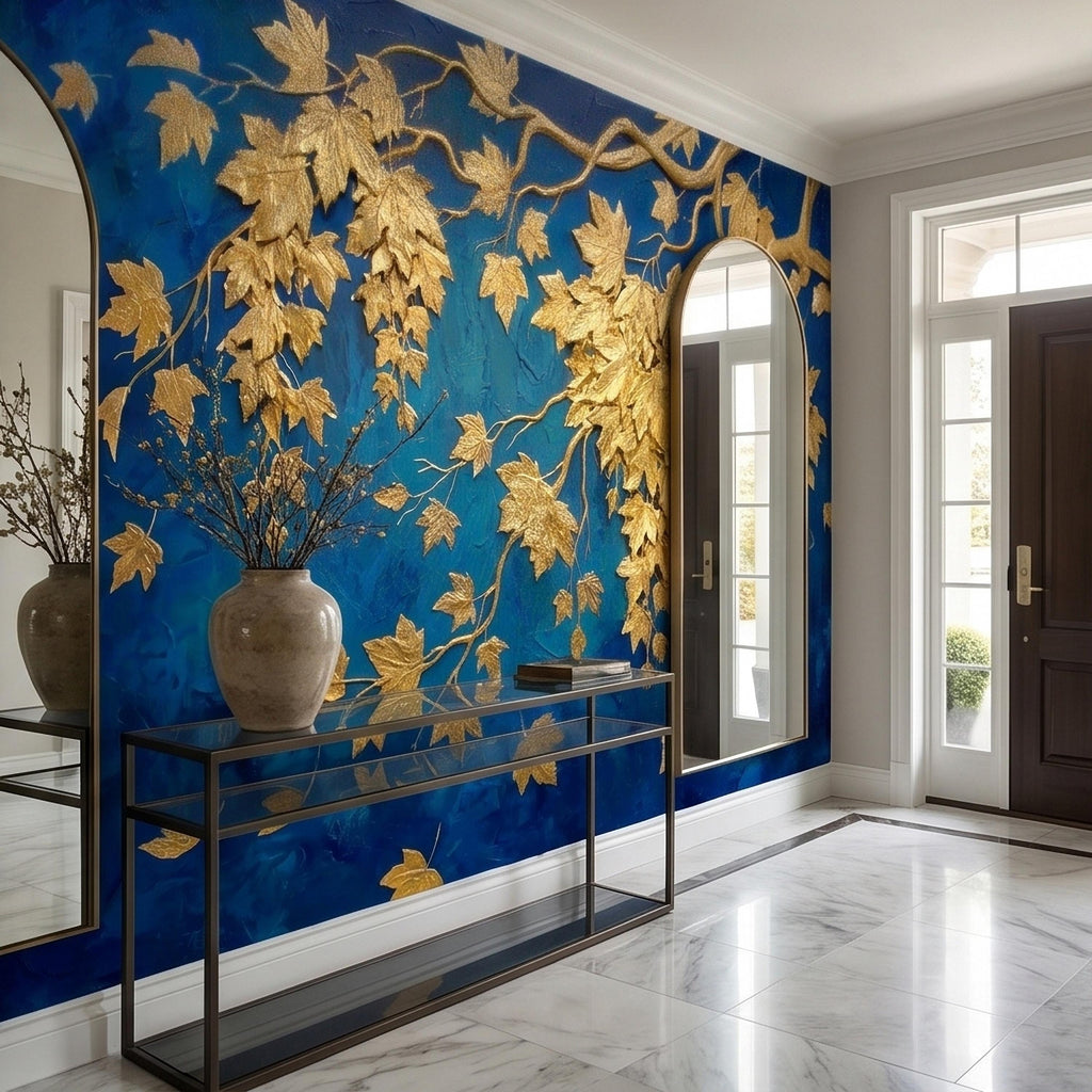 Golden Vine Leaves Peel and Stick Wall Mural, Deep Cobalt Blue Textured Background, Gilded Botanical Branches Statement Gold Leaf Wallpaper