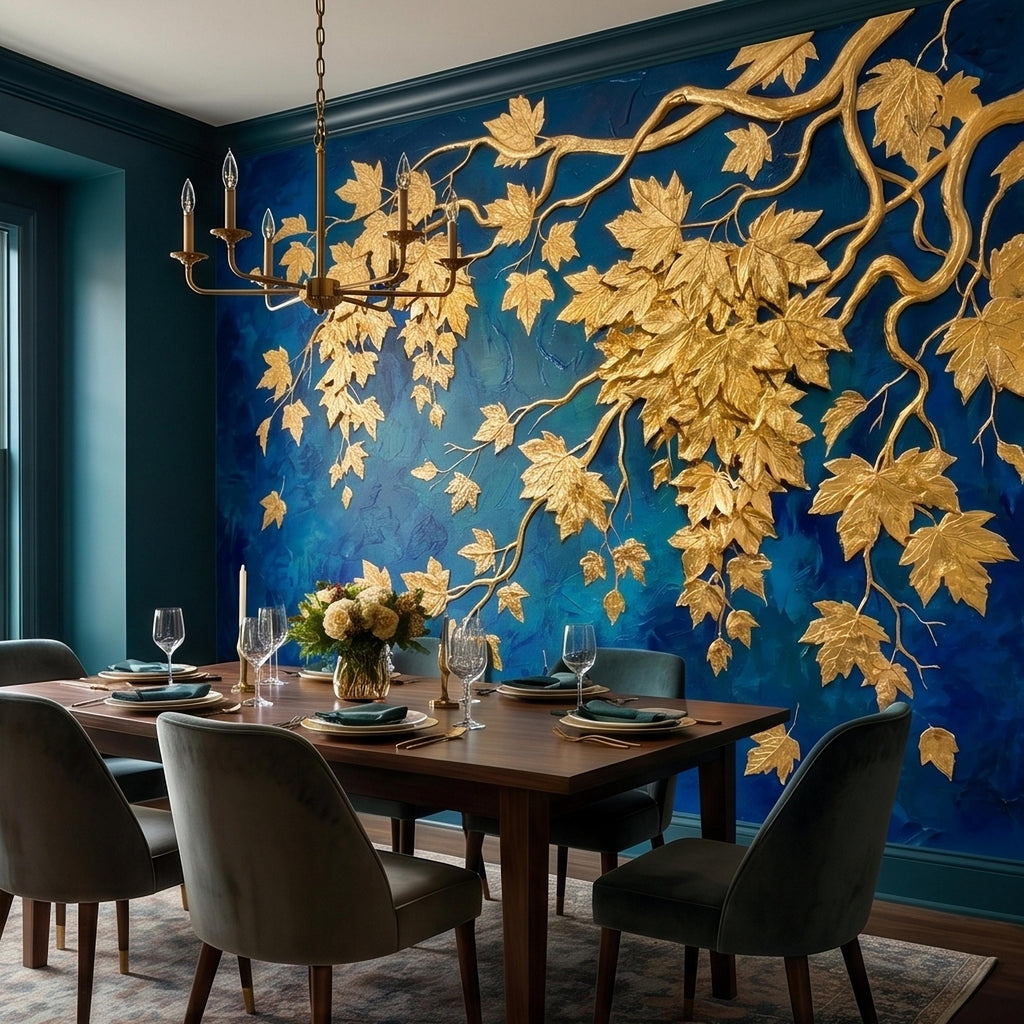 Golden Vine Leaves Peel and Stick Wall Mural, Deep Cobalt Blue Textured Background, Gilded Botanical Branches Statement Gold Leaf Wallpaper