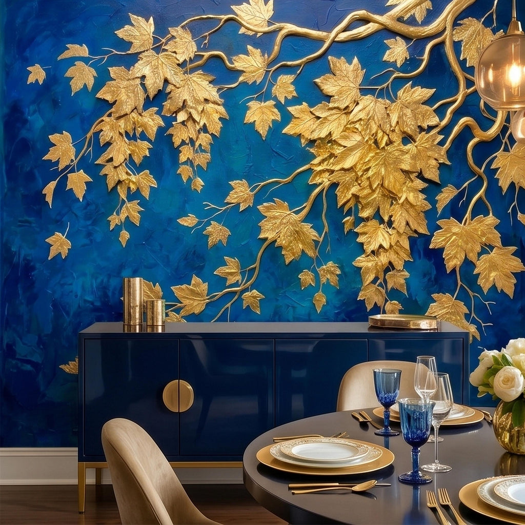 Golden Vine Leaves Peel and Stick Wall Mural, Deep Cobalt Blue Textured Background, Gilded Botanical Branches Statement Gold Leaf Wallpaper