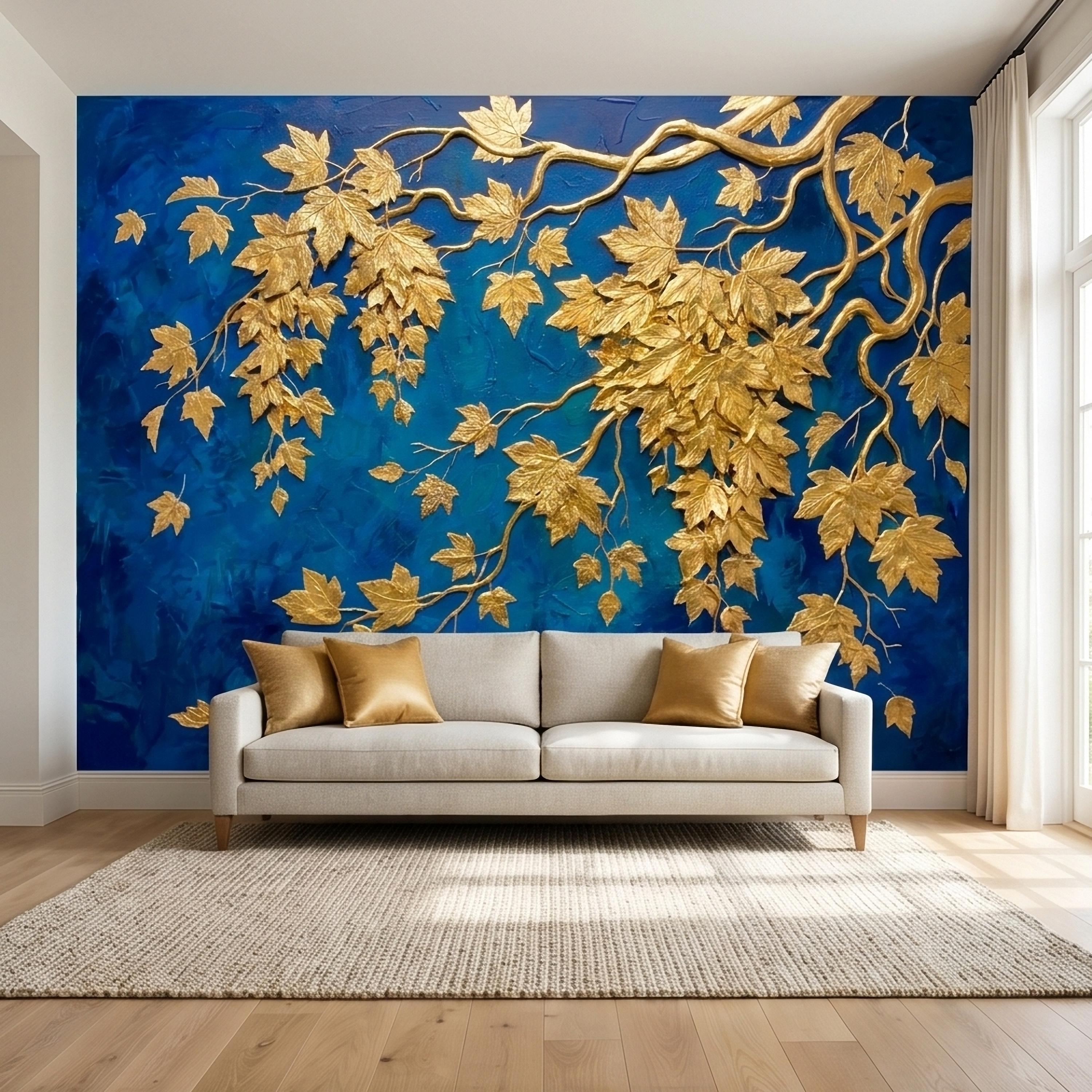 Golden Vine Leaves Peel and Stick Wall Mural, Deep Cobalt Blue Textured Background, Gilded Botanical Branches Statement Gold Leaf Wallpaper