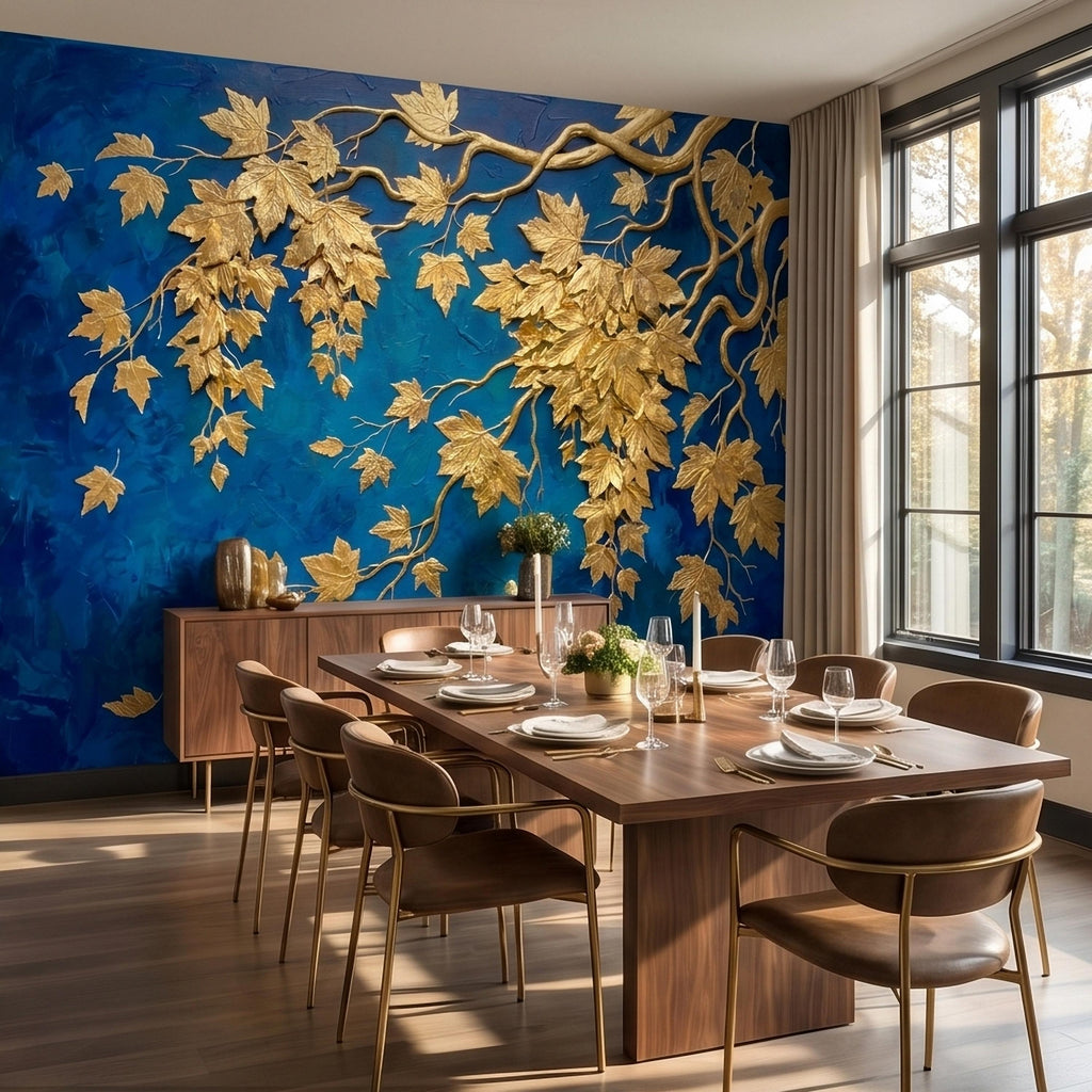Golden Vine Leaves Peel and Stick Wall Mural, Deep Cobalt Blue Textured Background, Gilded Botanical Branches Statement Gold Leaf Wallpaper