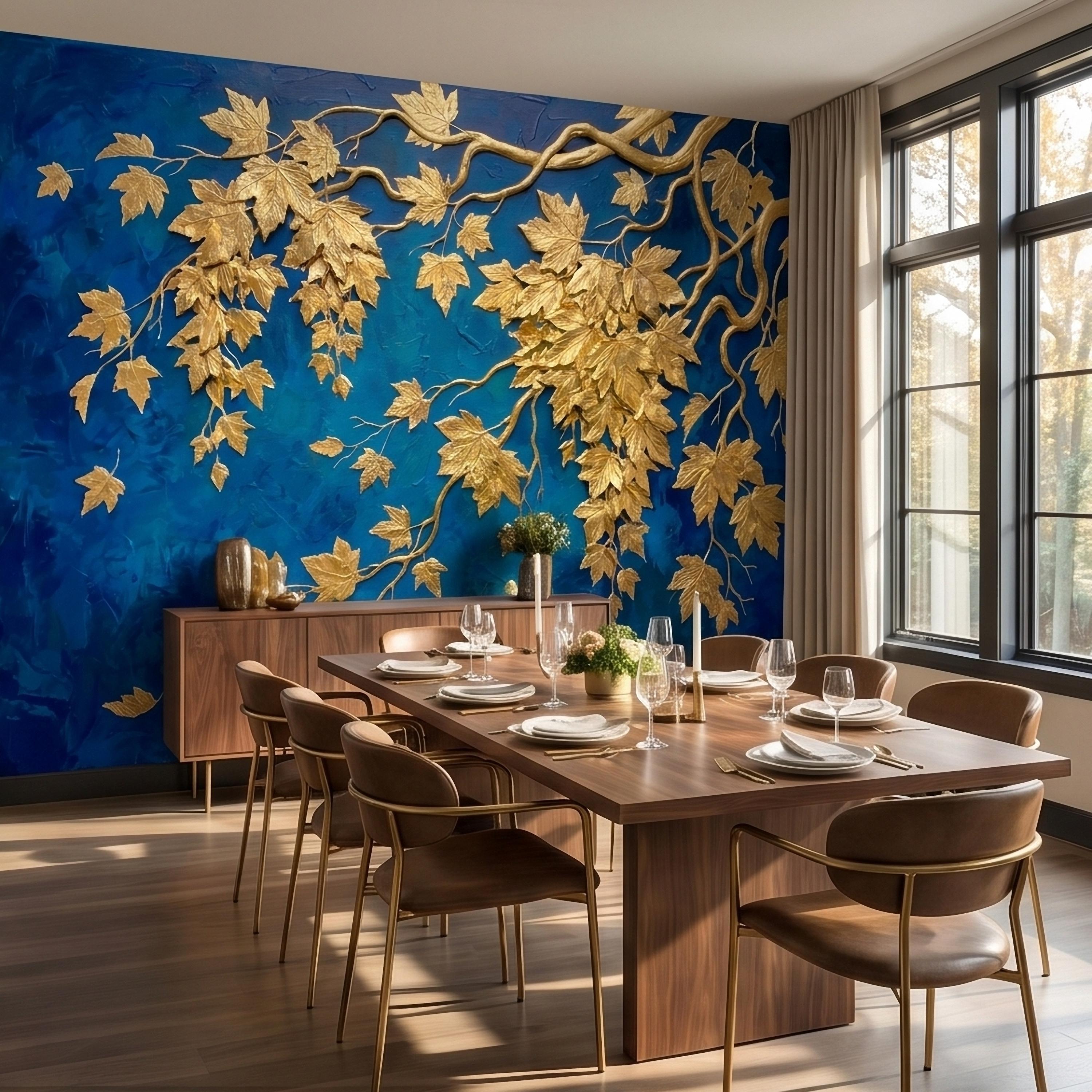 Golden Vine Leaves Peel and Stick Wall Mural, Deep Cobalt Blue Textured Background, Gilded Botanical Branches Statement Gold Leaf Wallpaper