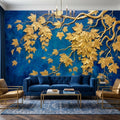 Golden Vine Leaves Peel and Stick Wall Mural, Deep Cobalt Blue Textured Background, Gilded Botanical Branches Statement Gold Leaf Wallpaper