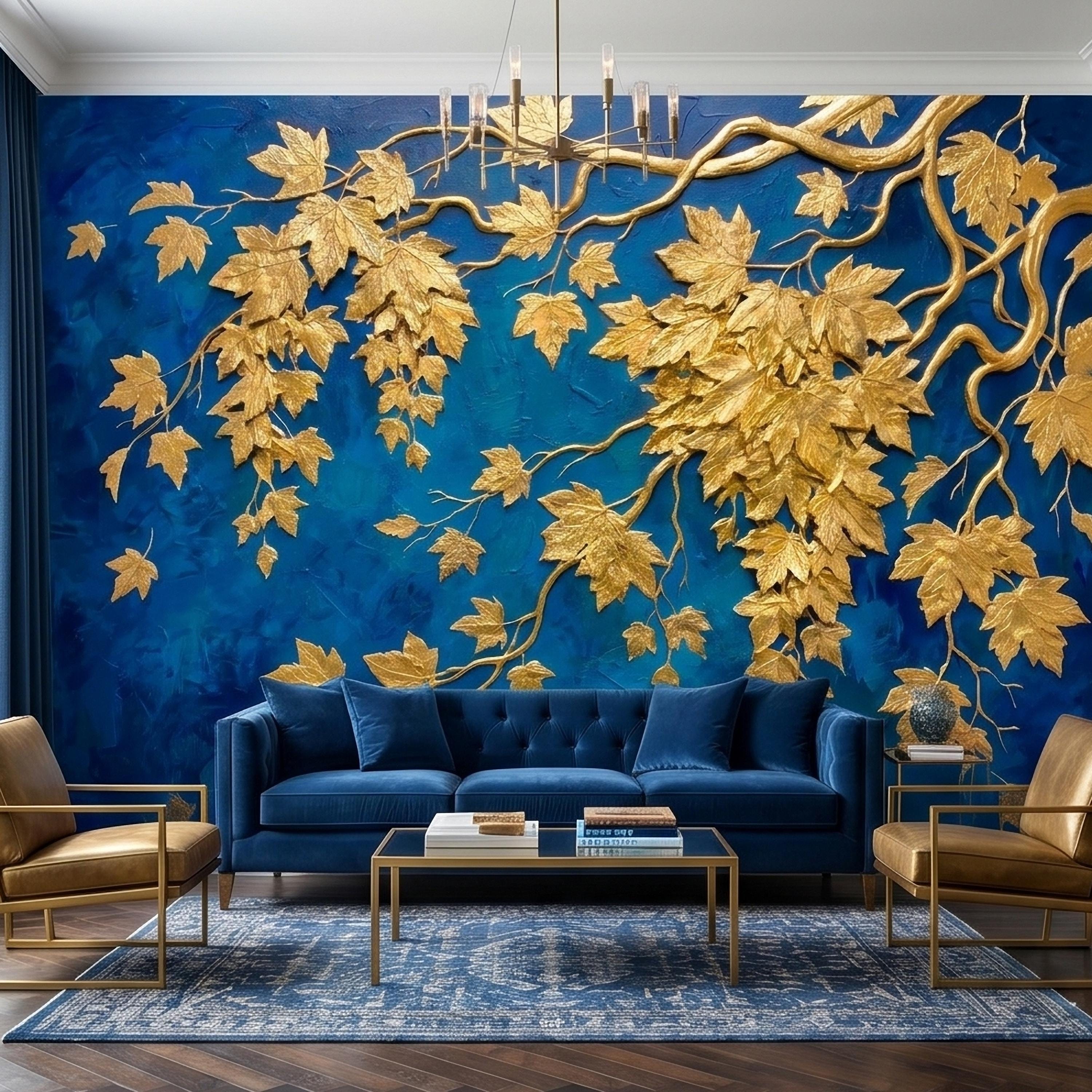 Golden Vine Leaves Peel and Stick Wall Mural, Deep Cobalt Blue Textured Background, Gilded Botanical Branches Statement Gold Leaf Wallpaper