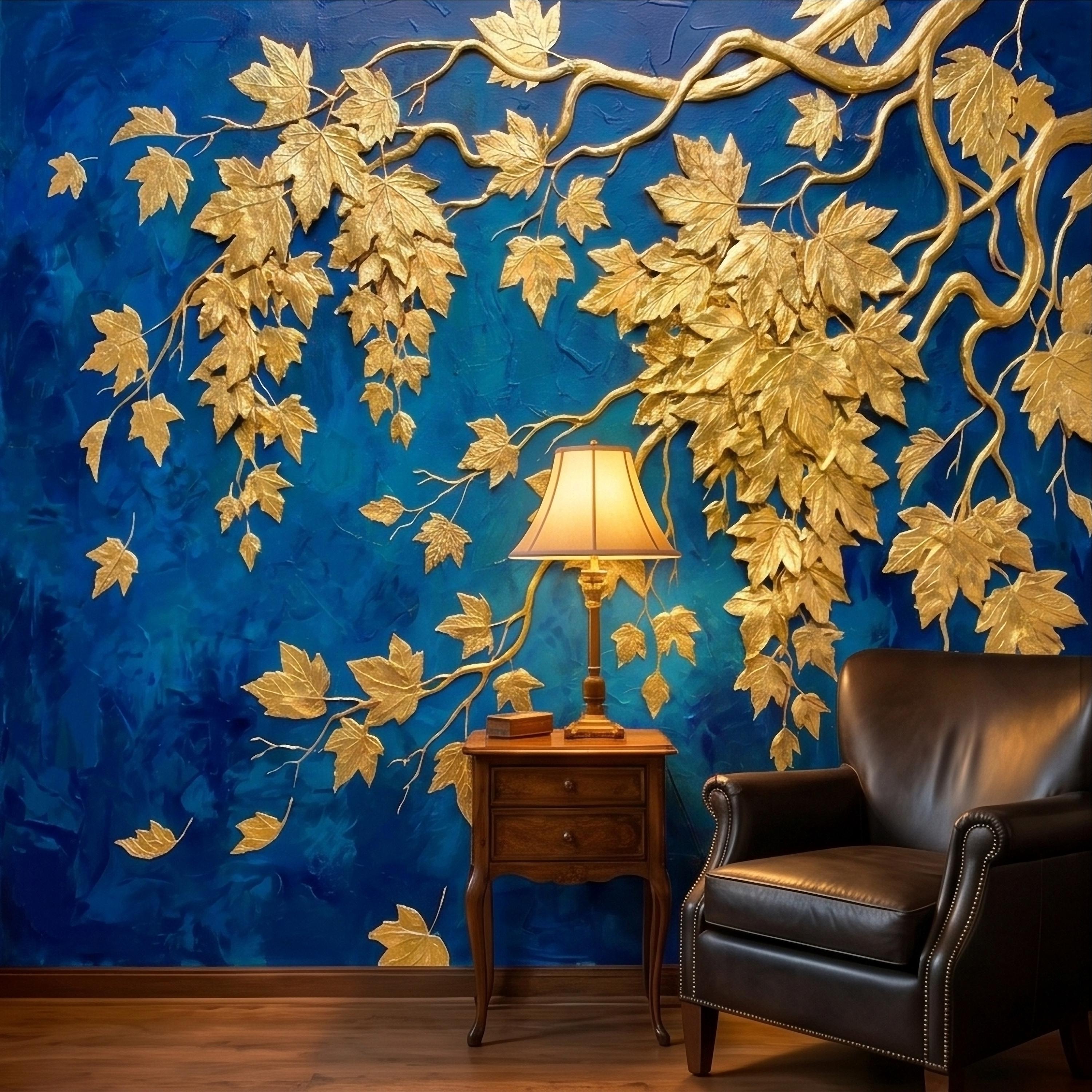 Golden Vine Leaves Peel and Stick Wall Mural, Deep Cobalt Blue Textured Background, Gilded Botanical Branches Statement Gold Leaf Wallpaper