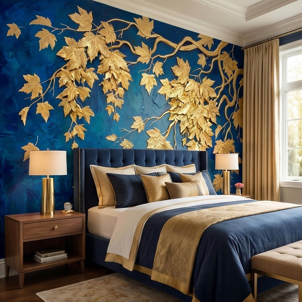 Golden Vine Leaves Peel and Stick Wall Mural, Deep Cobalt Blue Textured Background, Gilded Botanical Branches Statement Gold Leaf Wallpaper