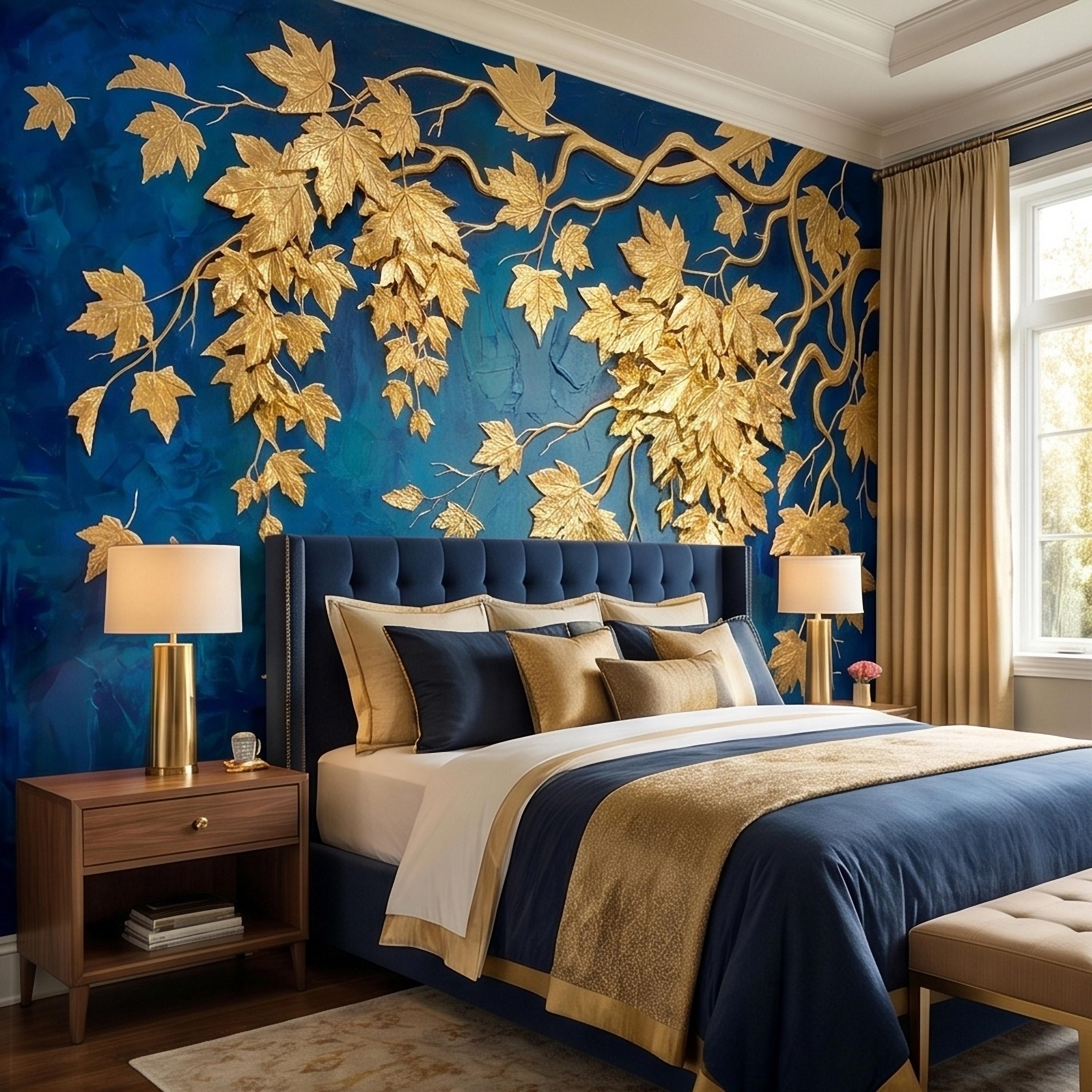 Golden Vine Leaves Peel and Stick Wall Mural, Deep Cobalt Blue Textured Background, Gilded Botanical Branches Statement Gold Leaf Wallpaper