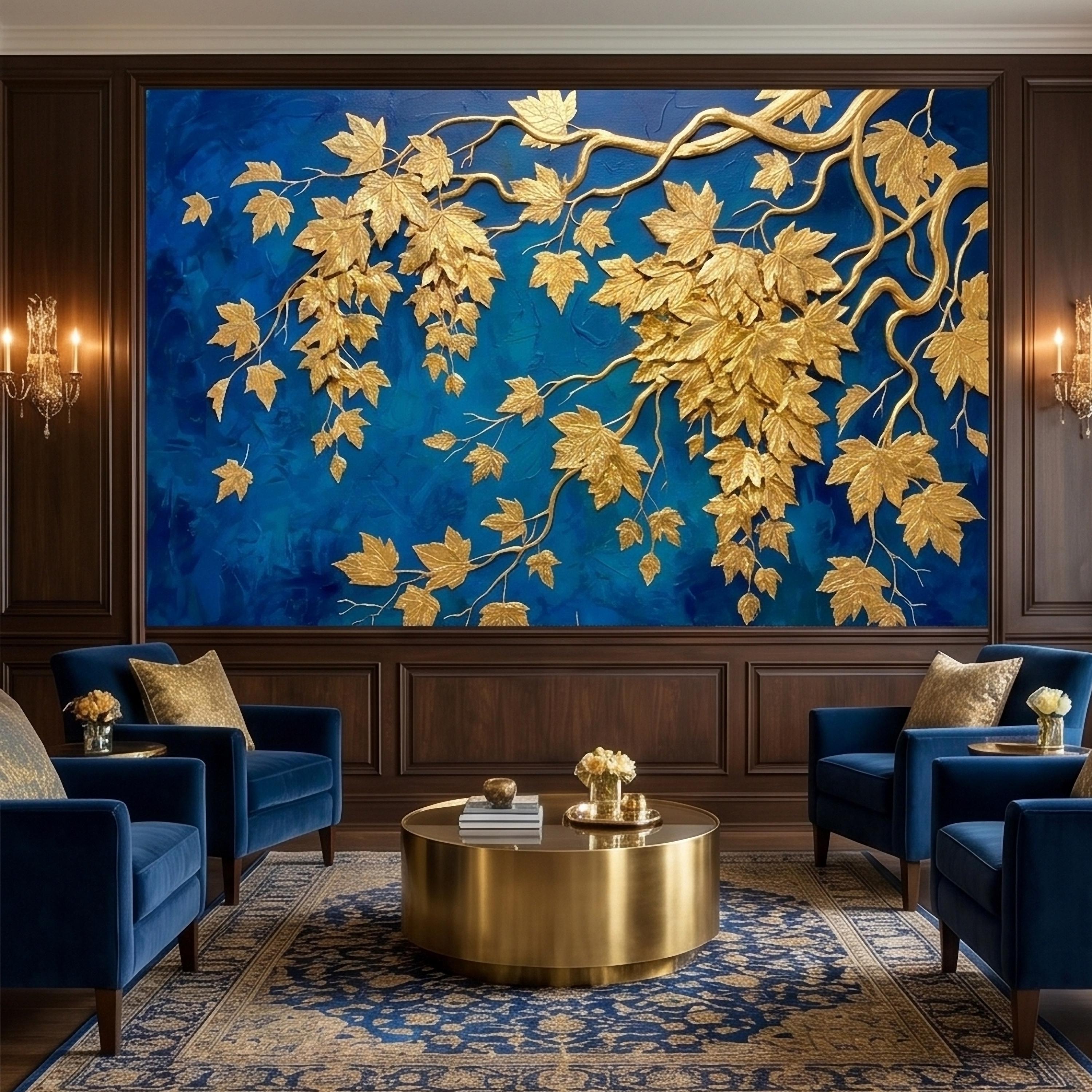 Golden Vine Leaves Peel and Stick Wall Mural, Deep Cobalt Blue Textured Background, Gilded Botanical Branches Statement Gold Leaf Wallpaper