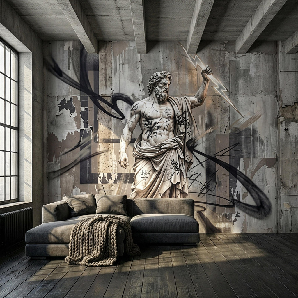 Zeus Statue Peel and Stick Wall Mural, Urban Graffiti Greek God, Concrete Wall, Lightning Bolt, Modern Mythology Street Art Wallpaper
