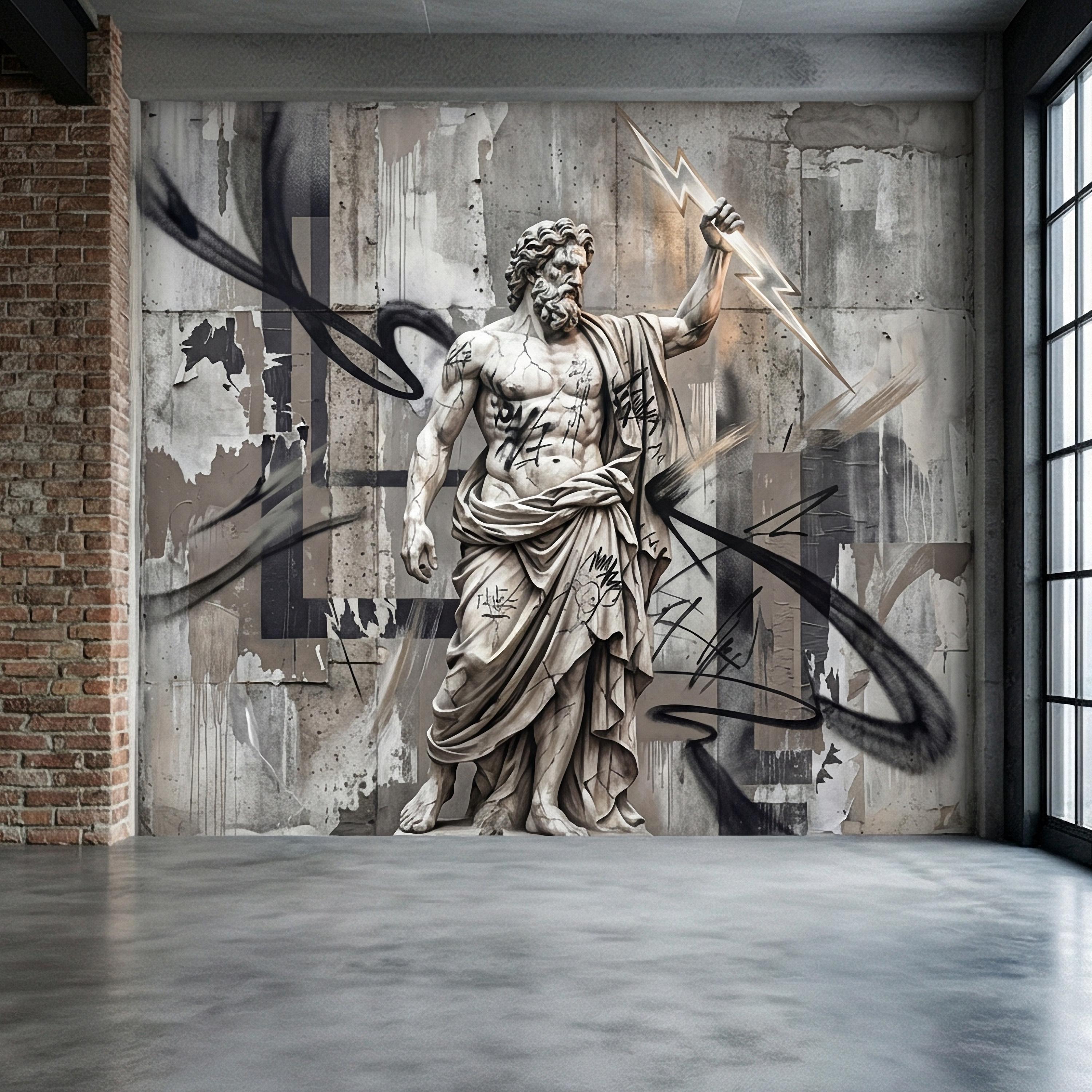 Zeus Statue Peel and Stick Wall Mural, Urban Graffiti Greek God, Concrete Wall, Lightning Bolt, Modern Mythology Street Art Wallpaper