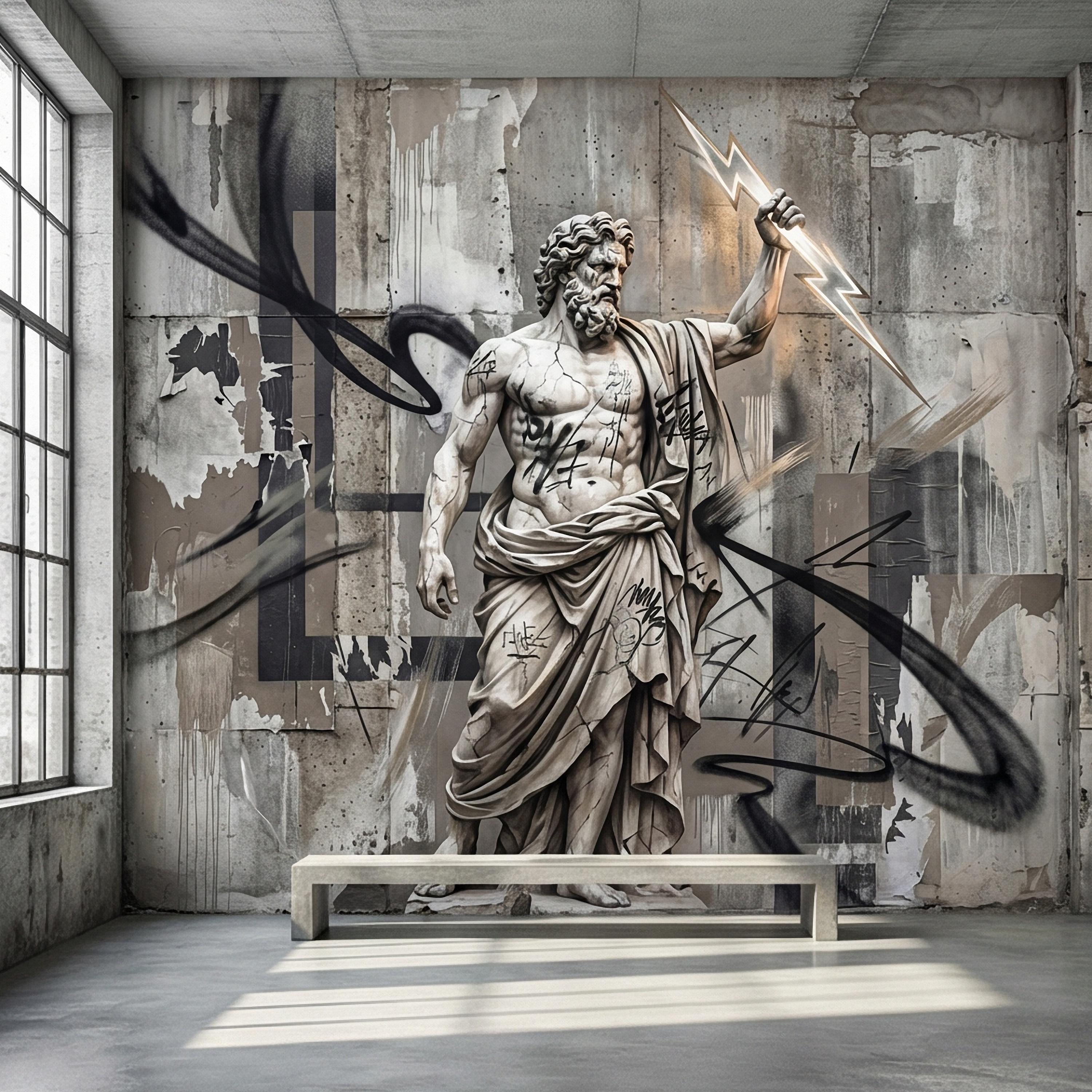 Zeus Statue Peel and Stick Wall Mural, Urban Graffiti Greek God, Concrete Wall, Lightning Bolt, Modern Mythology Street Art Wallpaper