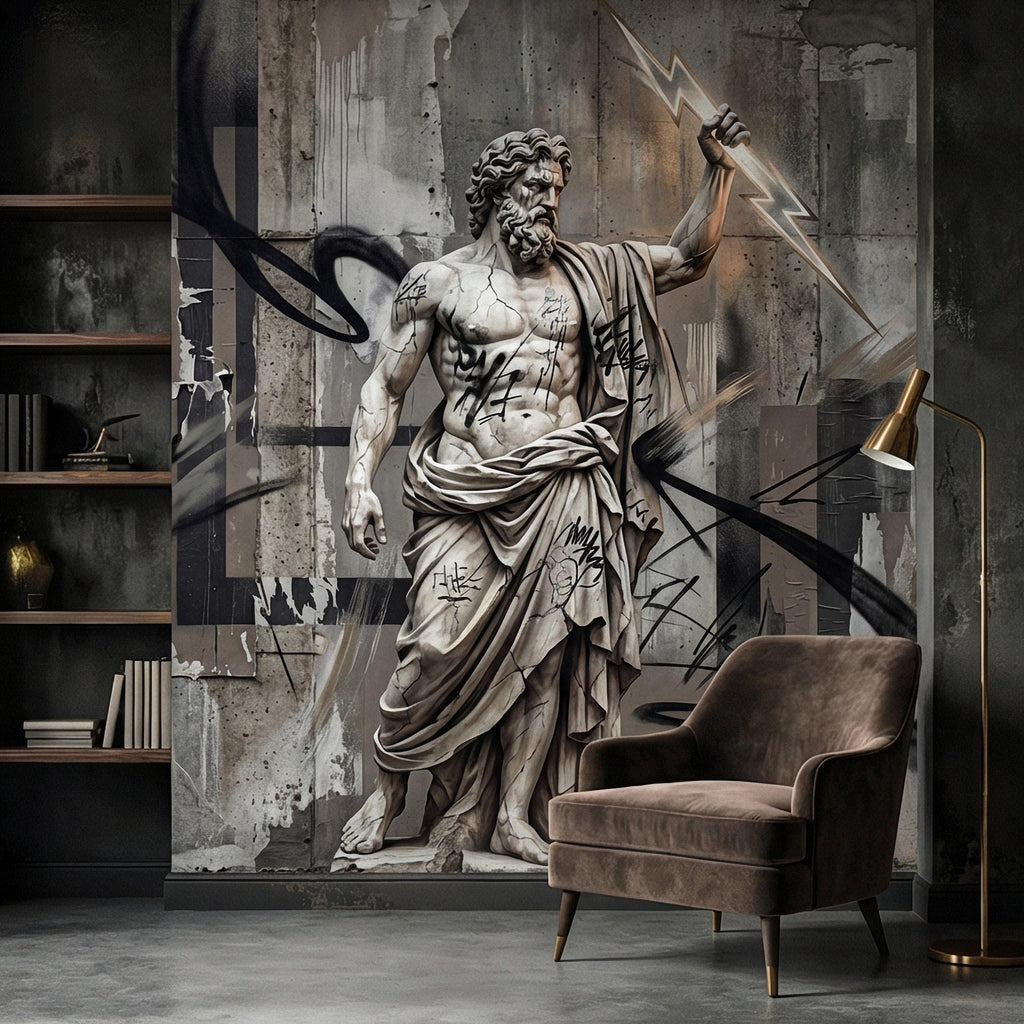 Zeus Statue Peel and Stick Wall Mural, Urban Graffiti Greek God, Concrete Wall, Lightning Bolt, Modern Mythology Street Art Wallpaper