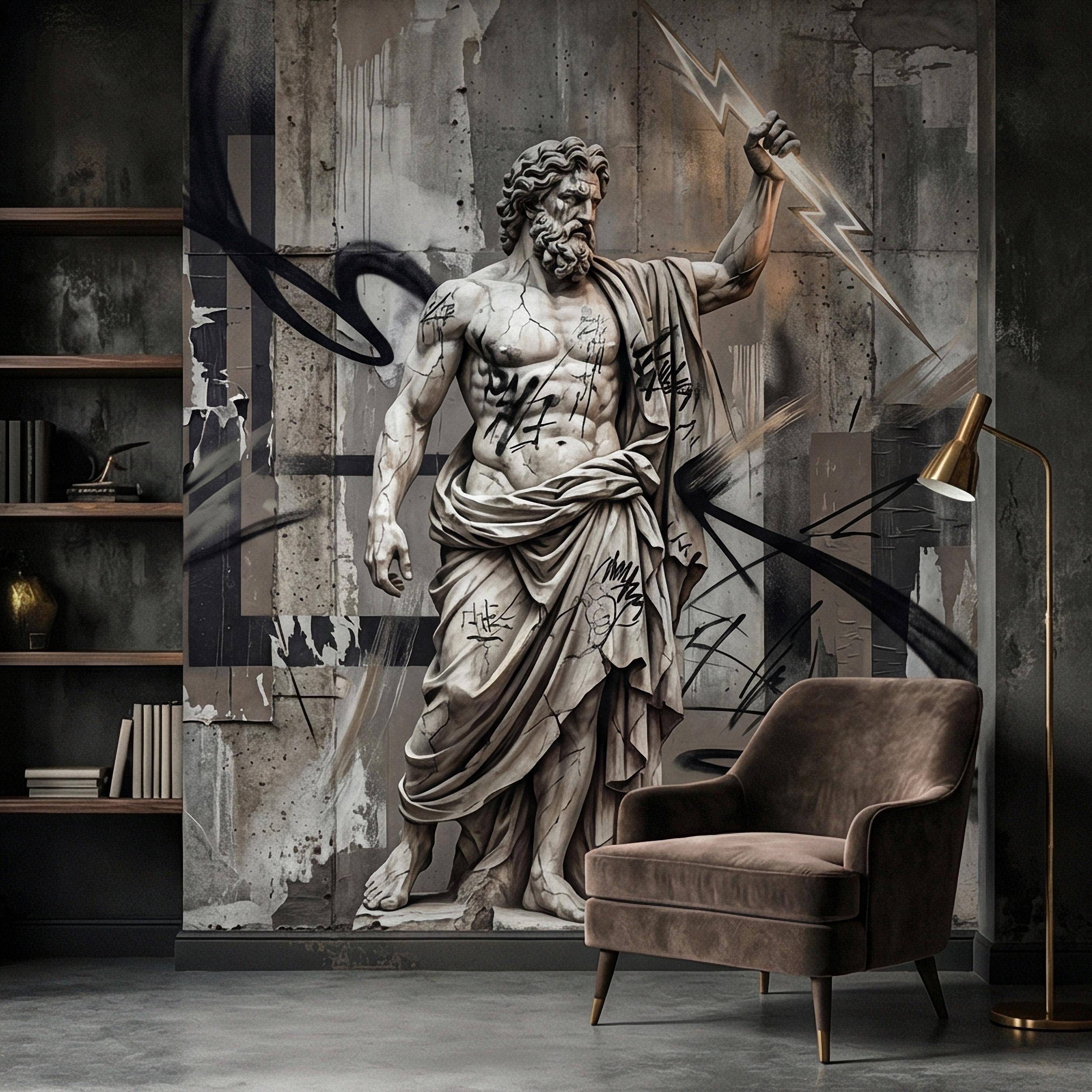 Zeus Statue Peel and Stick Wall Mural, Urban Graffiti Greek God, Concrete Wall, Lightning Bolt, Modern Mythology Street Art Wallpaper