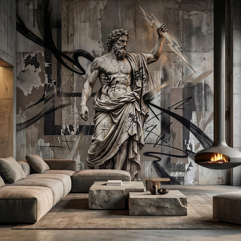 Zeus Statue Peel and Stick Wall Mural, Urban Graffiti Greek God, Concrete Wall, Lightning Bolt, Modern Mythology Street Art Wallpaper