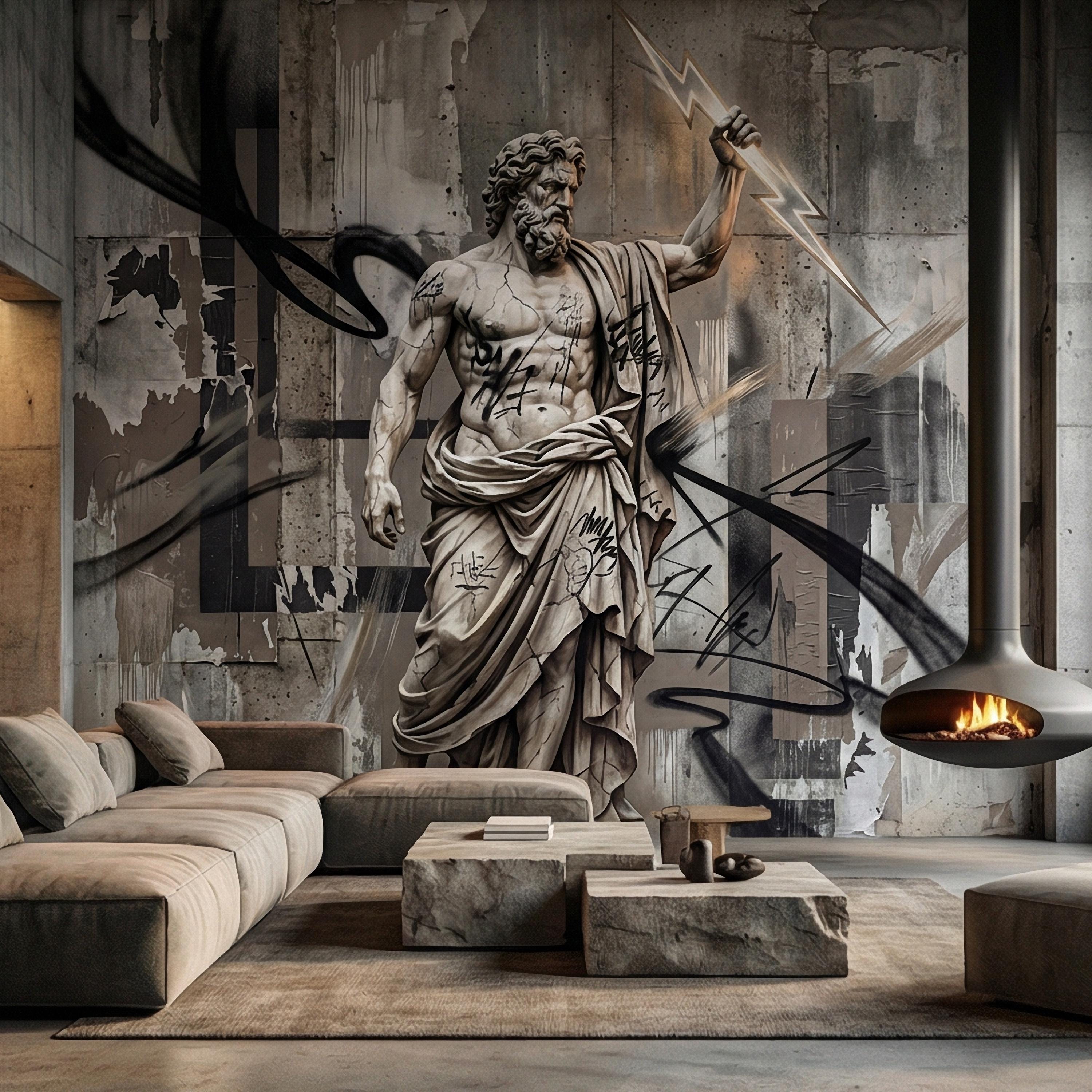 Zeus Statue Peel and Stick Wall Mural, Urban Graffiti Greek God, Concrete Wall, Lightning Bolt, Modern Mythology Street Art Wallpaper