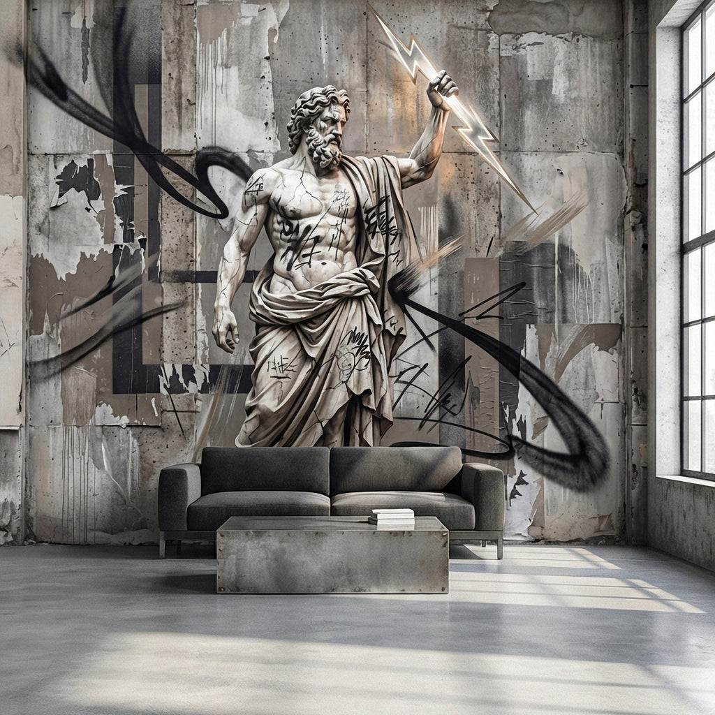 Zeus Statue Peel and Stick Wall Mural, Urban Graffiti Greek God, Concrete Wall, Lightning Bolt, Modern Mythology Street Art Wallpaper