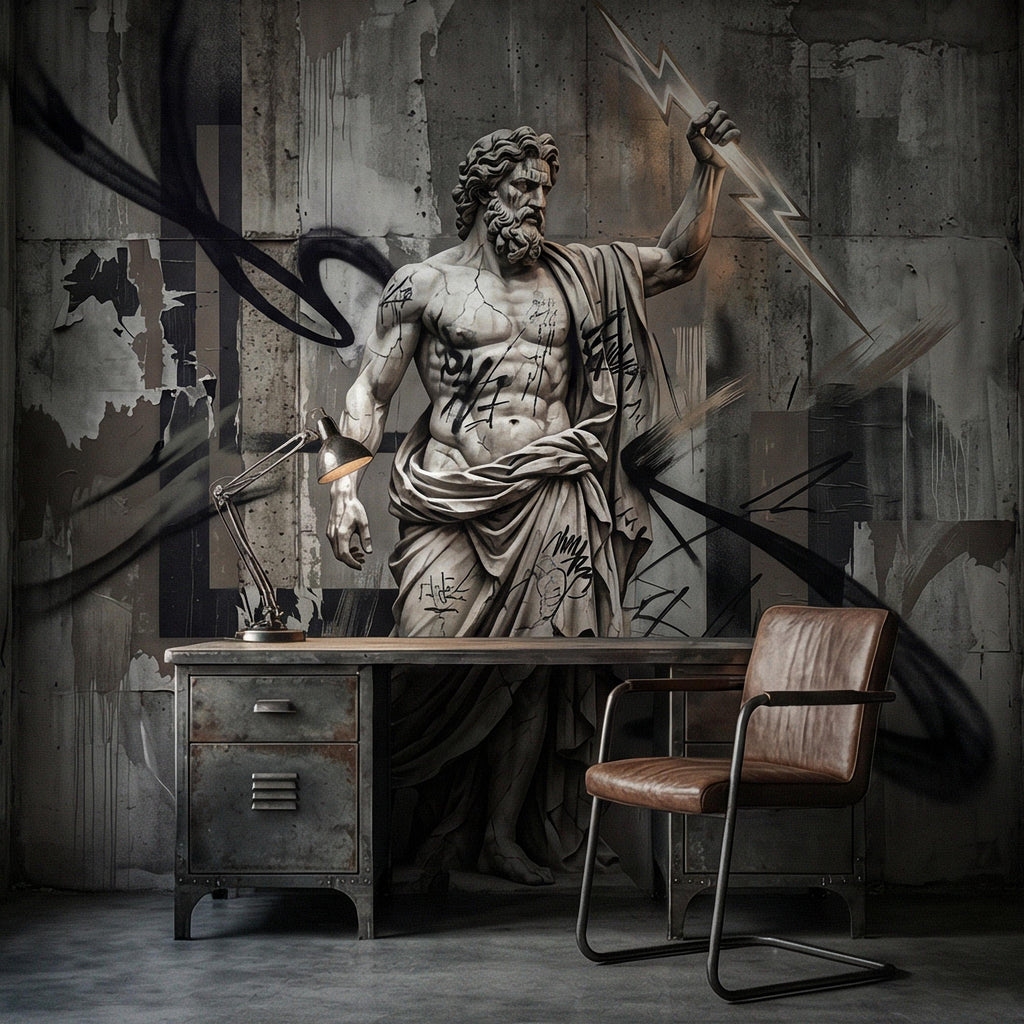 Zeus Statue Peel and Stick Wall Mural, Urban Graffiti Greek God, Concrete Wall, Lightning Bolt, Modern Mythology Street Art Wallpaper