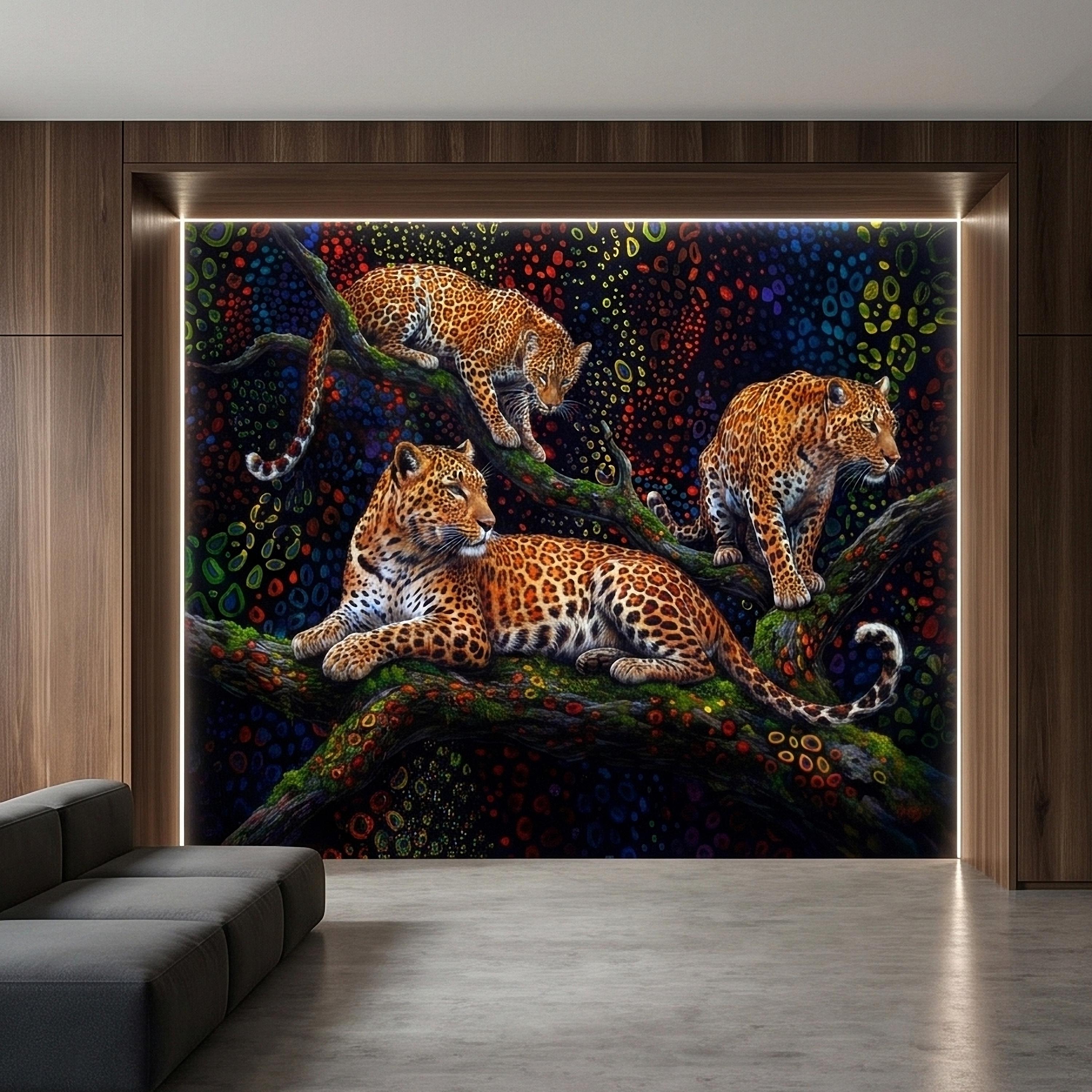 Neon Leopard Peel and Stick Wall Mural, Colorful Jungle Big Cats on Tree Branches, Vibrant Psychedelic Wildlife Safari Night Art Wallpaper