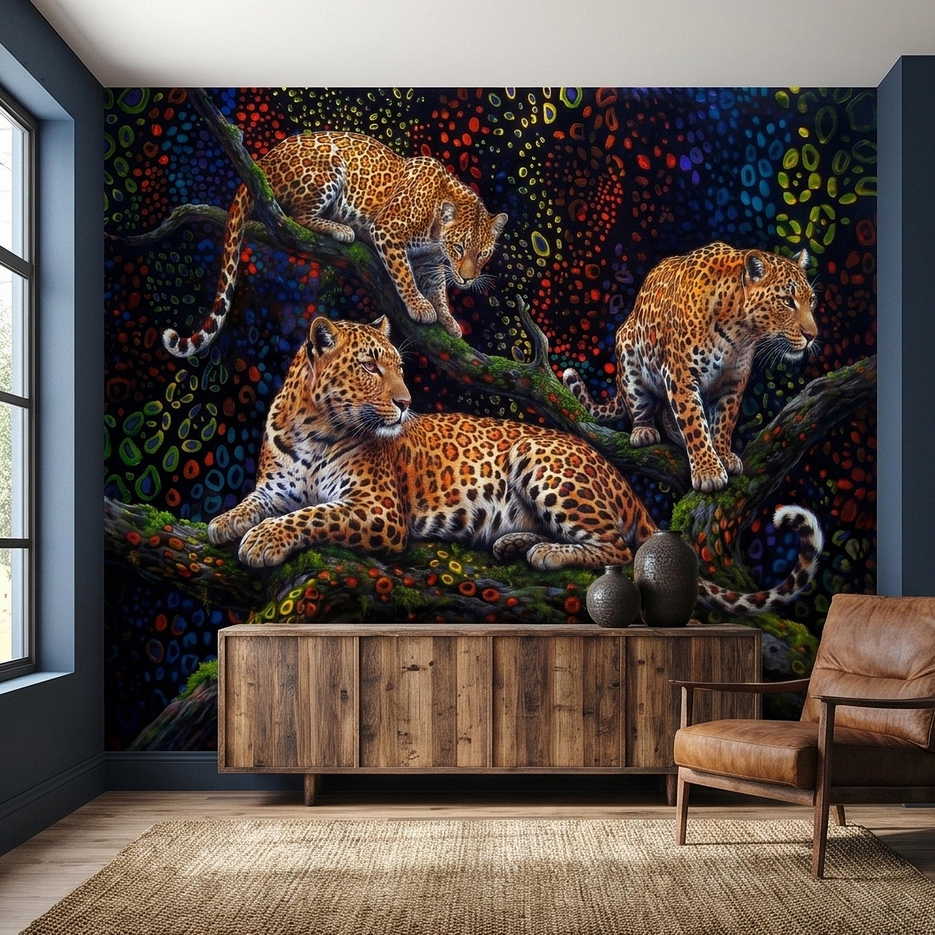 Neon Leopard Peel and Stick Wall Mural, Colorful Jungle Big Cats on Tree Branches, Vibrant Psychedelic Wildlife Safari Night Art Wallpaper