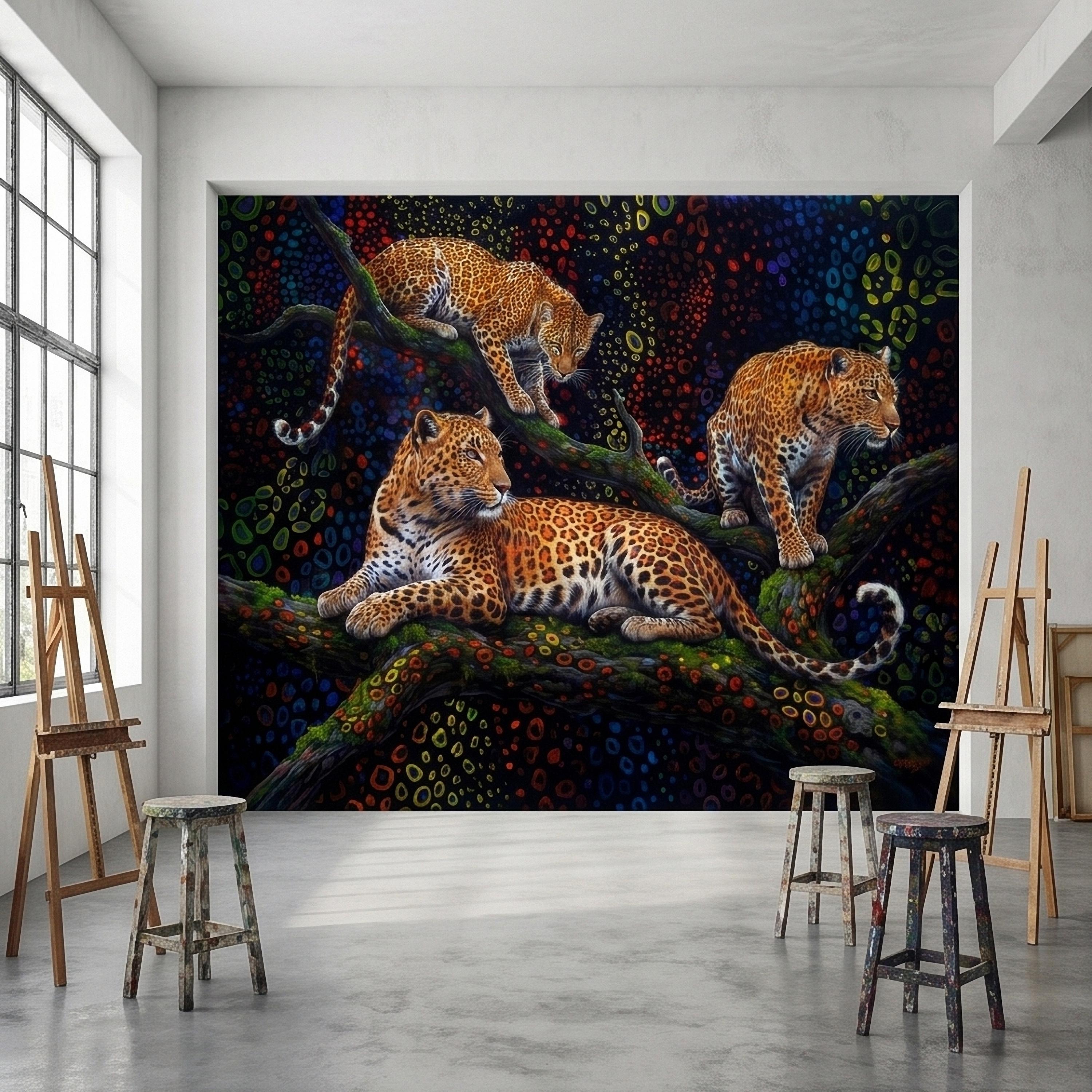 Neon Leopard Peel and Stick Wall Mural, Colorful Jungle Big Cats on Tree Branches, Vibrant Psychedelic Wildlife Safari Night Art Wallpaper