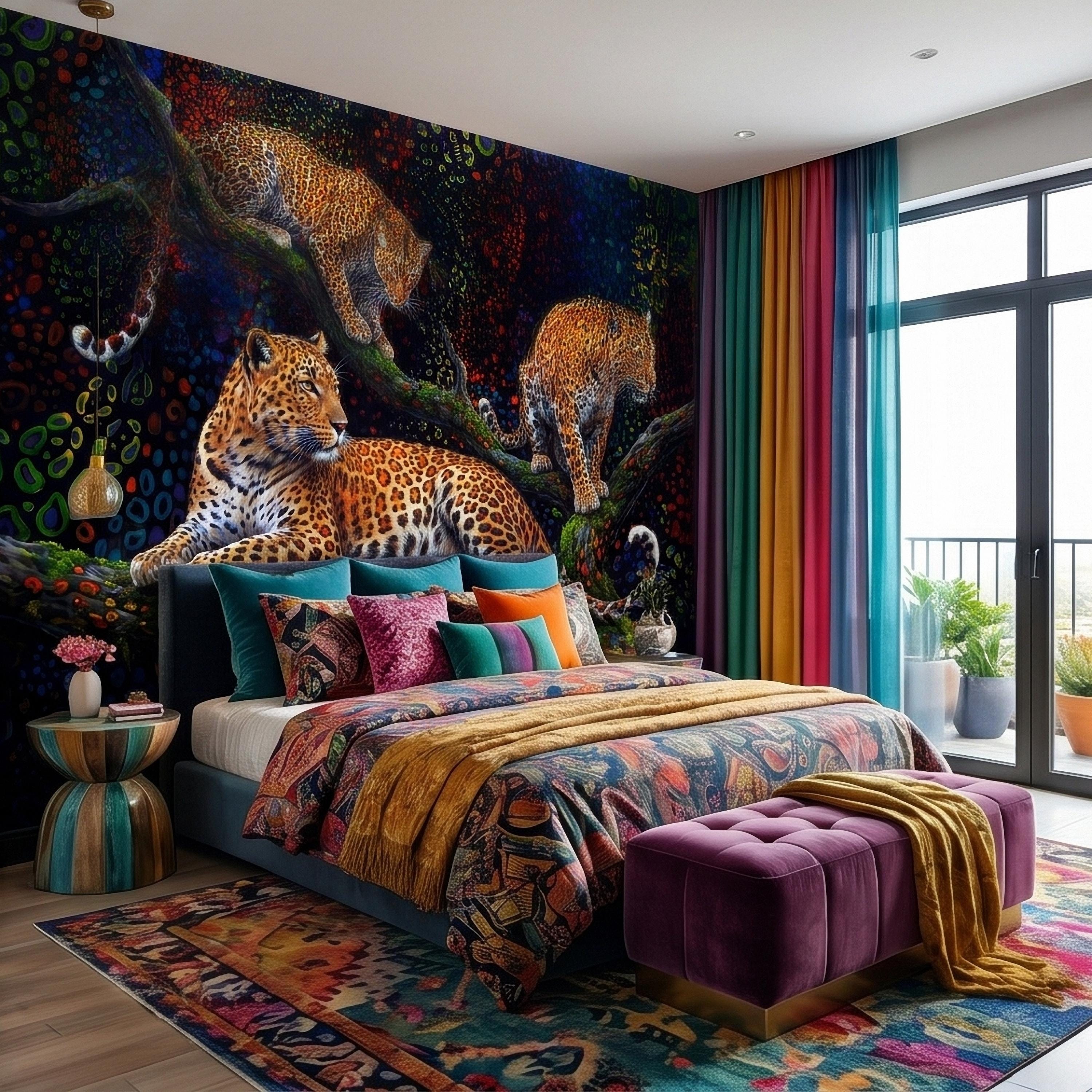 Neon Leopard Peel and Stick Wall Mural, Colorful Jungle Big Cats on Tree Branches, Vibrant Psychedelic Wildlife Safari Night Art Wallpaper