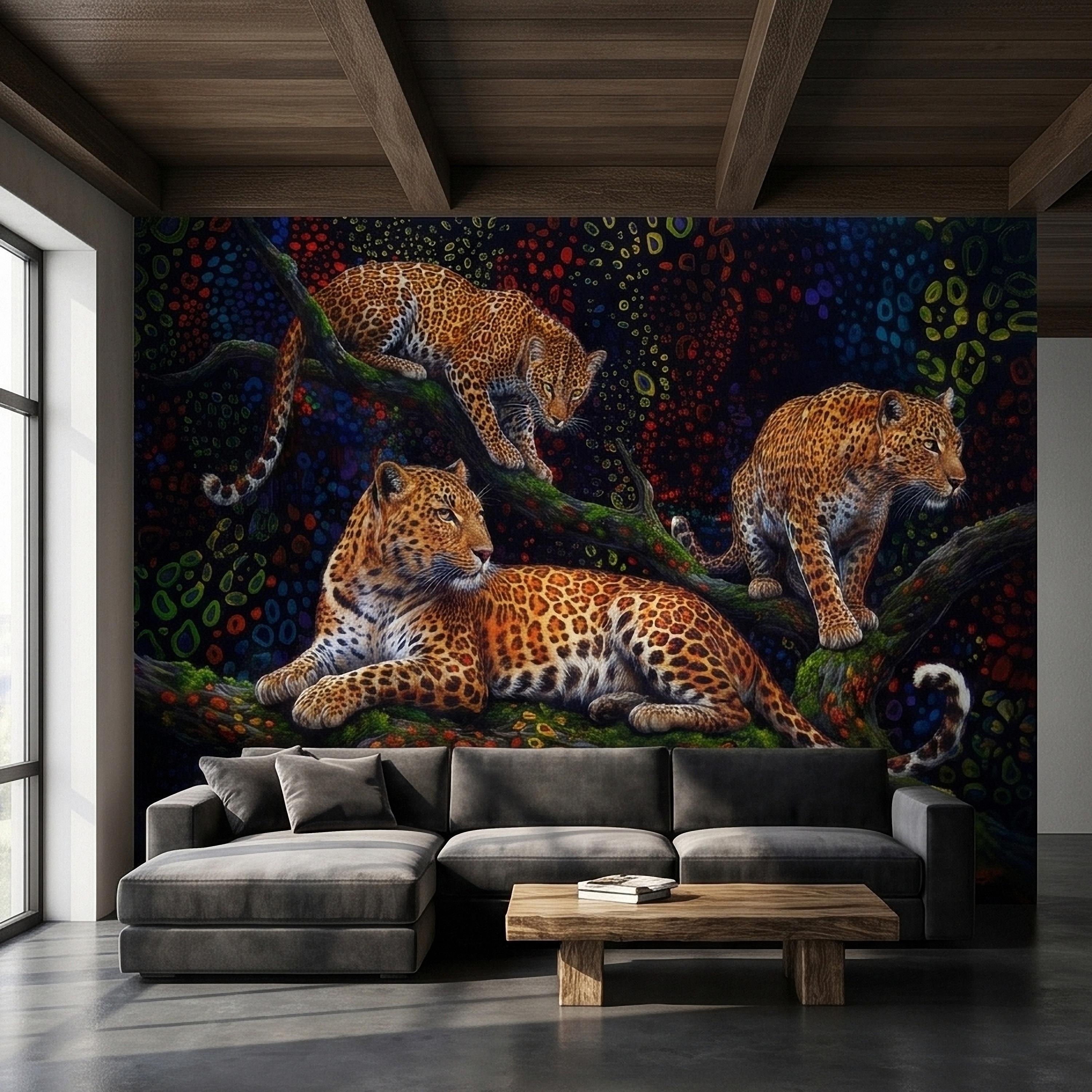 Neon Leopard Peel and Stick Wall Mural, Colorful Jungle Big Cats on Tree Branches, Vibrant Psychedelic Wildlife Safari Night Art Wallpaper
