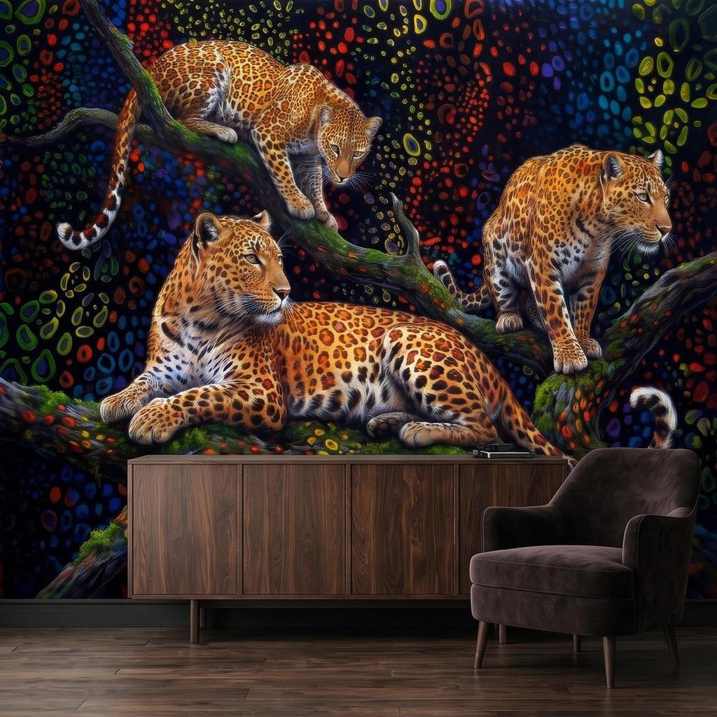 Neon Leopard Peel and Stick Wall Mural, Colorful Jungle Big Cats on Tree Branches, Vibrant Psychedelic Wildlife Safari Night Art Wallpaper