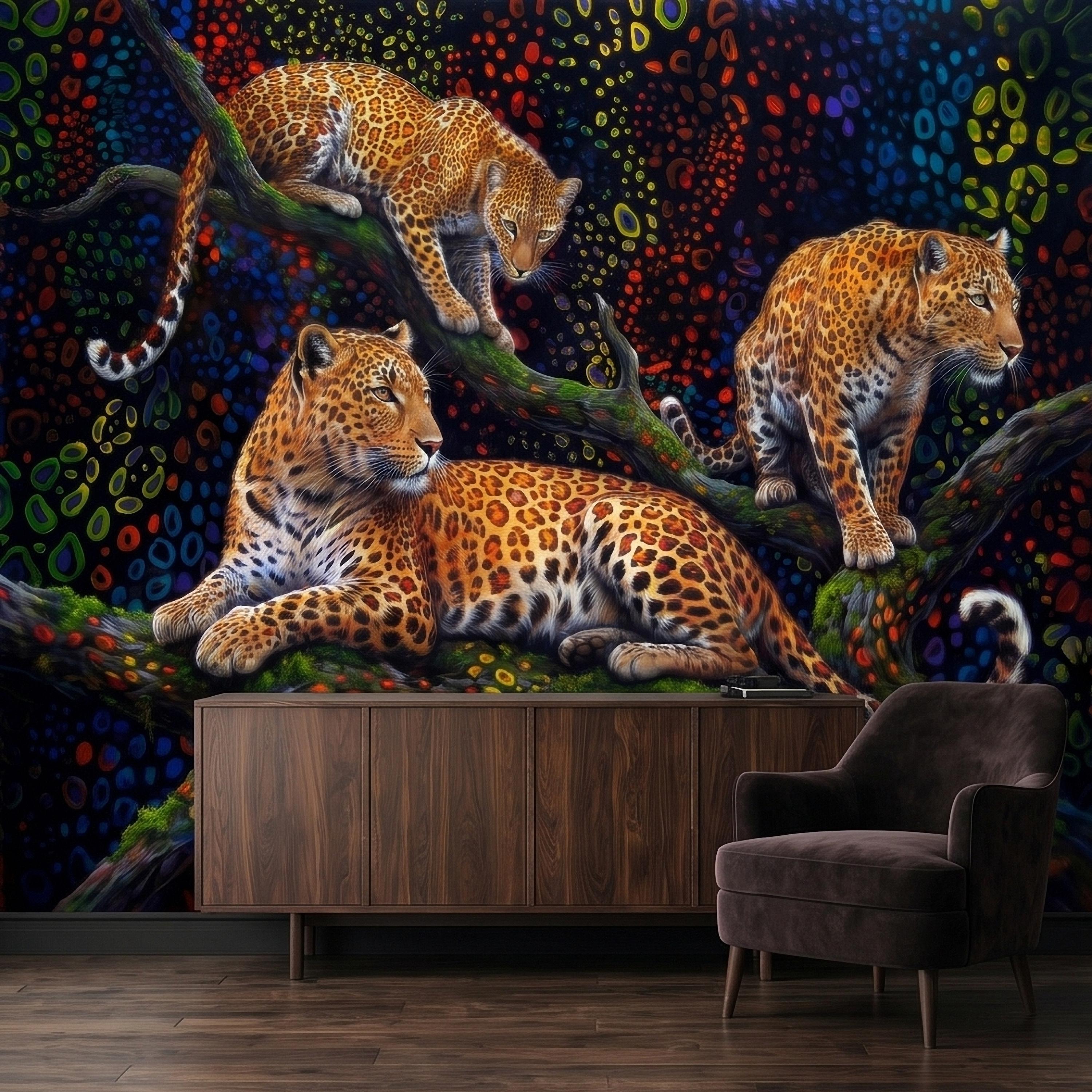 Neon Leopard Peel and Stick Wall Mural, Colorful Jungle Big Cats on Tree Branches, Vibrant Psychedelic Wildlife Safari Night Art Wallpaper