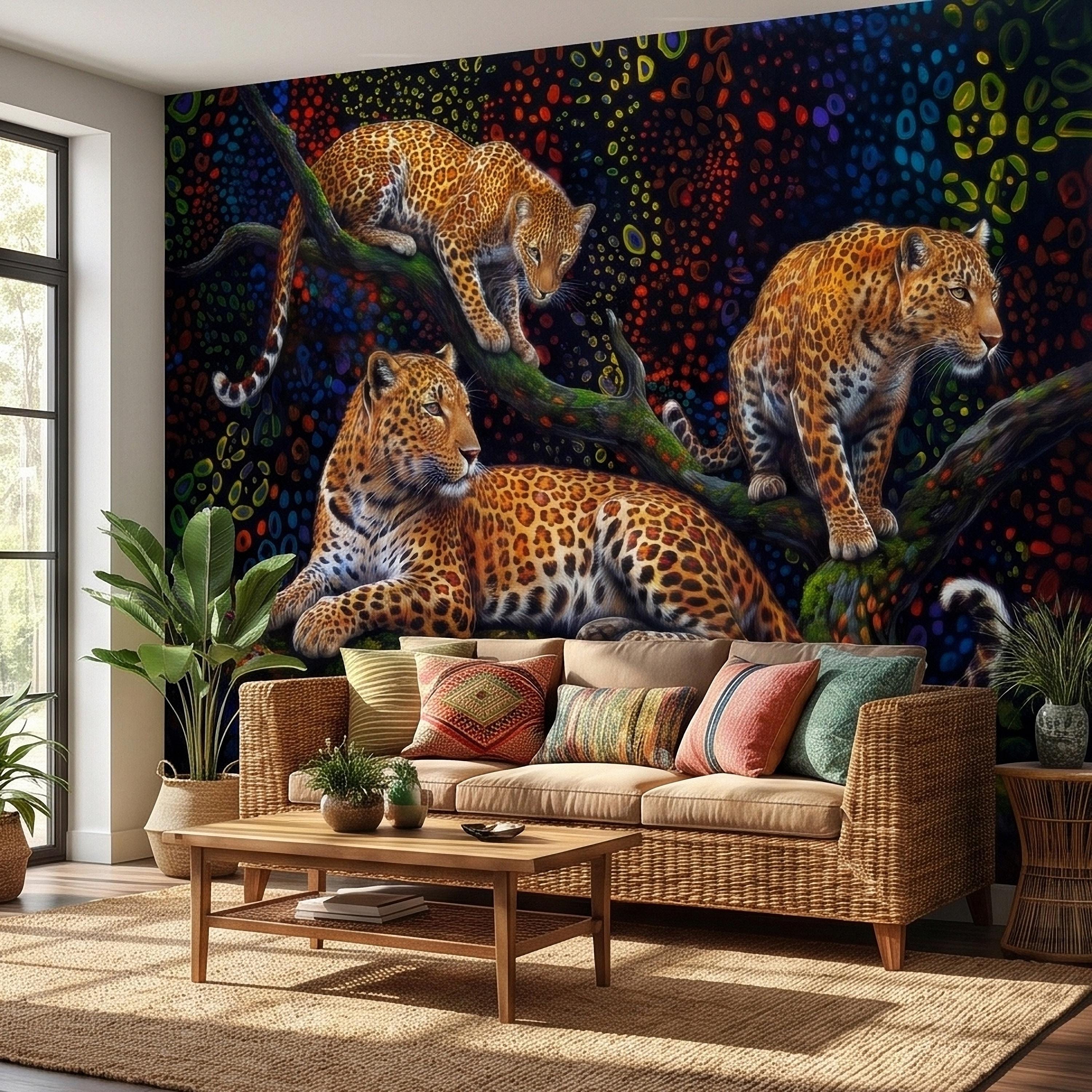 Neon Leopard Peel and Stick Wall Mural, Colorful Jungle Big Cats on Tree Branches, Vibrant Psychedelic Wildlife Safari Night Art Wallpaper