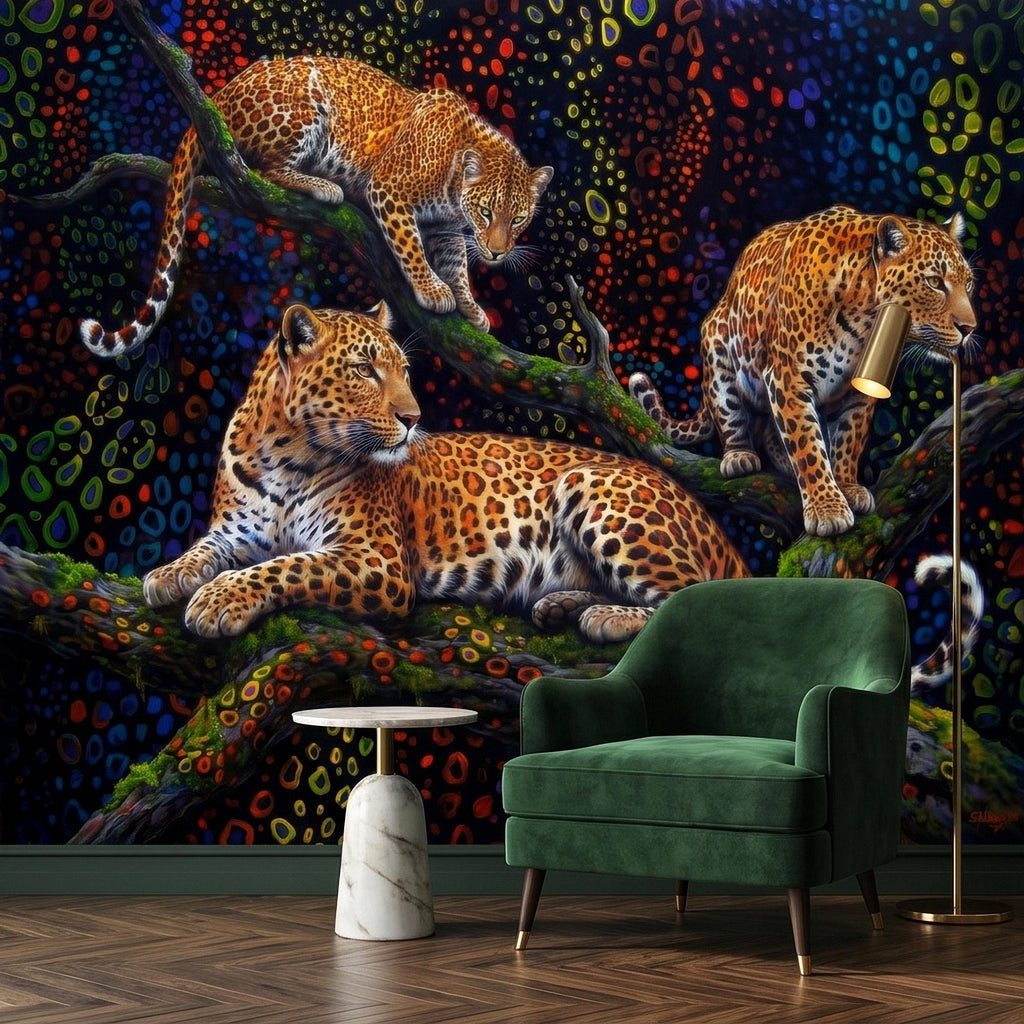 Neon Leopard Peel and Stick Wall Mural, Colorful Jungle Big Cats on Tree Branches, Vibrant Psychedelic Wildlife Safari Night Art Wallpaper