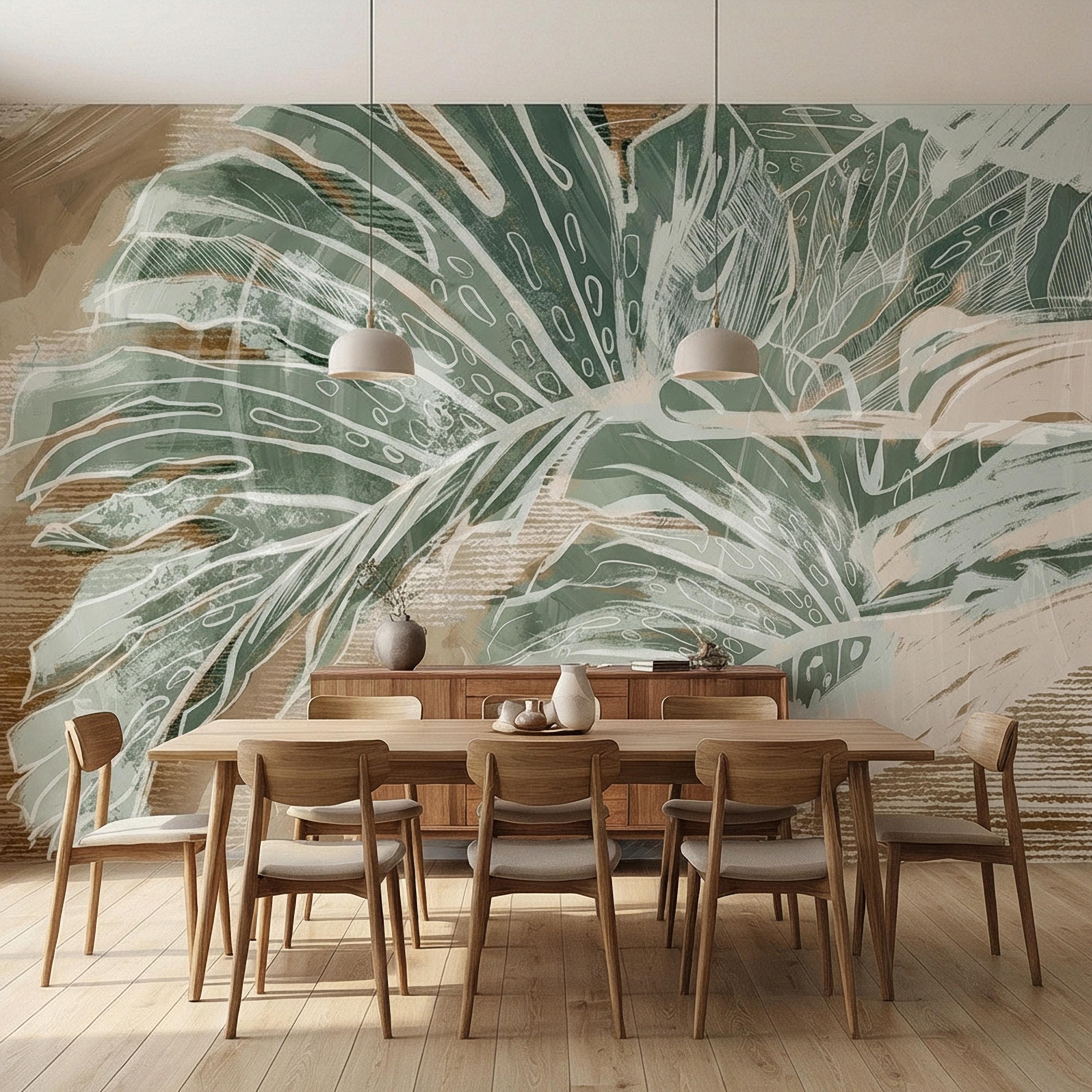 Abstract Tropical Leaf Peel and Stick Wall Mural, Sage Green Monstera Line Art, Neutral Beige Botanical Modern Wallpaper