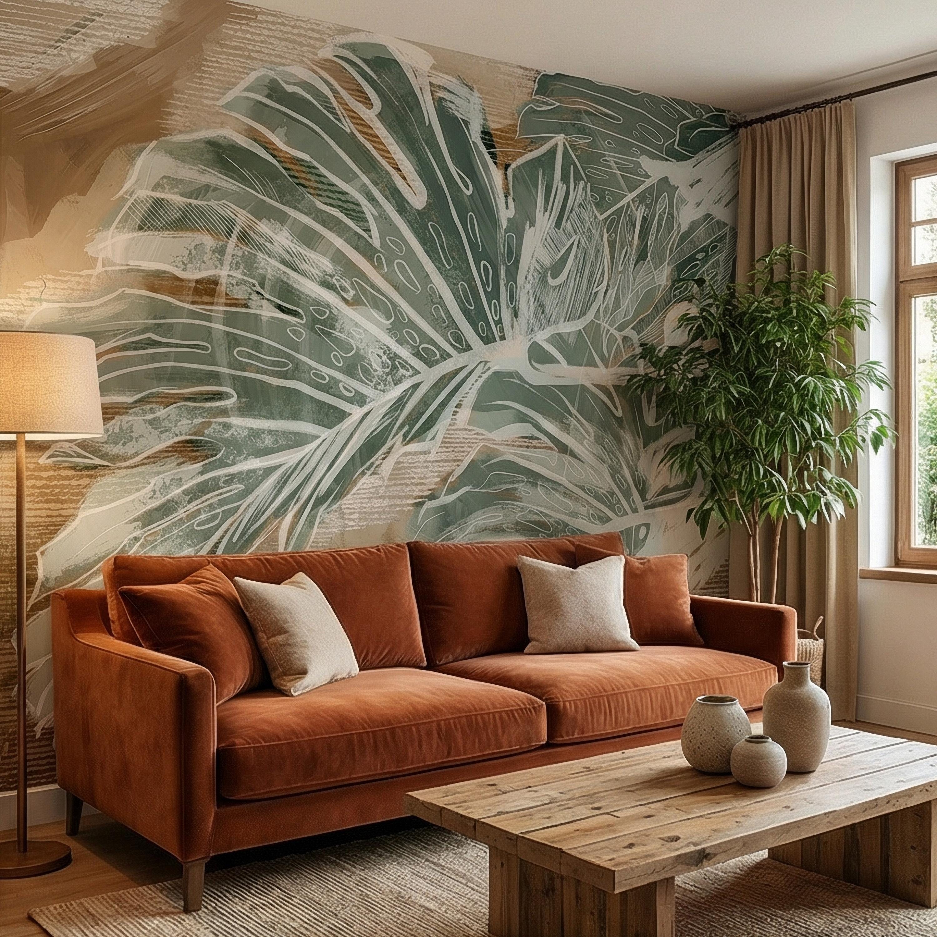 Abstract Tropical Leaf Peel and Stick Wall Mural, Sage Green Monstera Line Art, Neutral Beige Botanical Modern Wallpaper