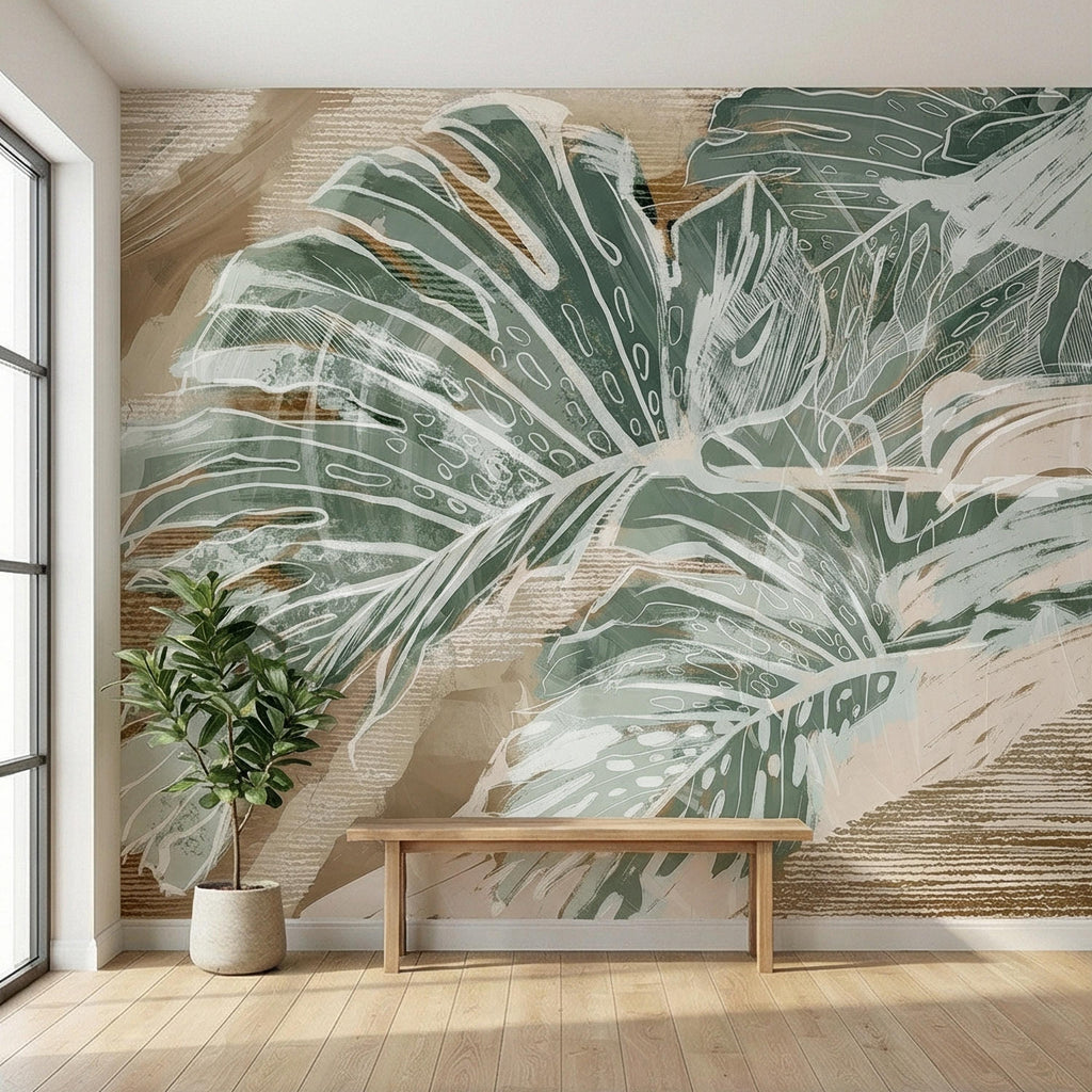 Abstract Tropical Leaf Peel and Stick Wall Mural, Sage Green Monstera Line Art, Neutral Beige Botanical Modern Wallpaper