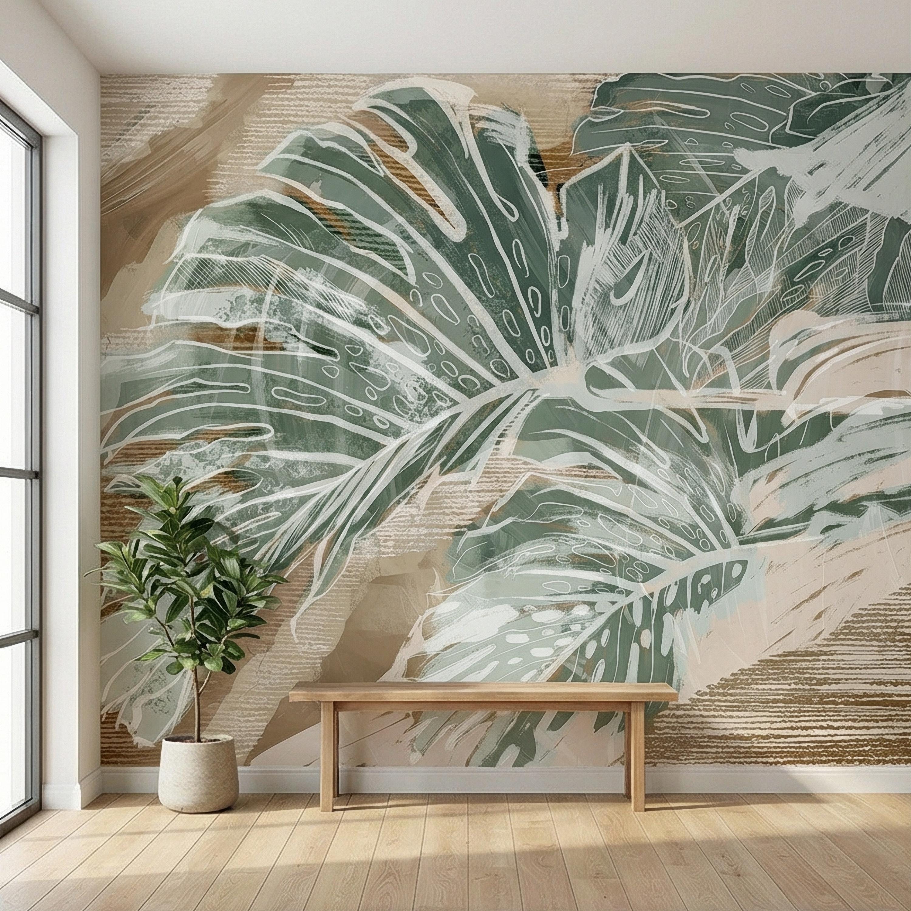 Abstract Tropical Leaf Peel and Stick Wall Mural, Sage Green Monstera Line Art, Neutral Beige Botanical Modern Wallpaper