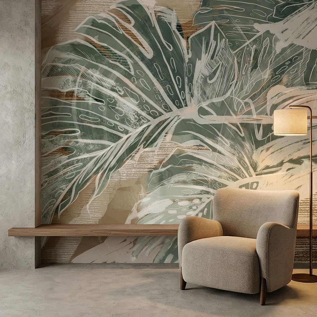 Abstract Tropical Leaf Peel and Stick Wall Mural, Sage Green Monstera Line Art, Neutral Beige Botanical Modern Wallpaper