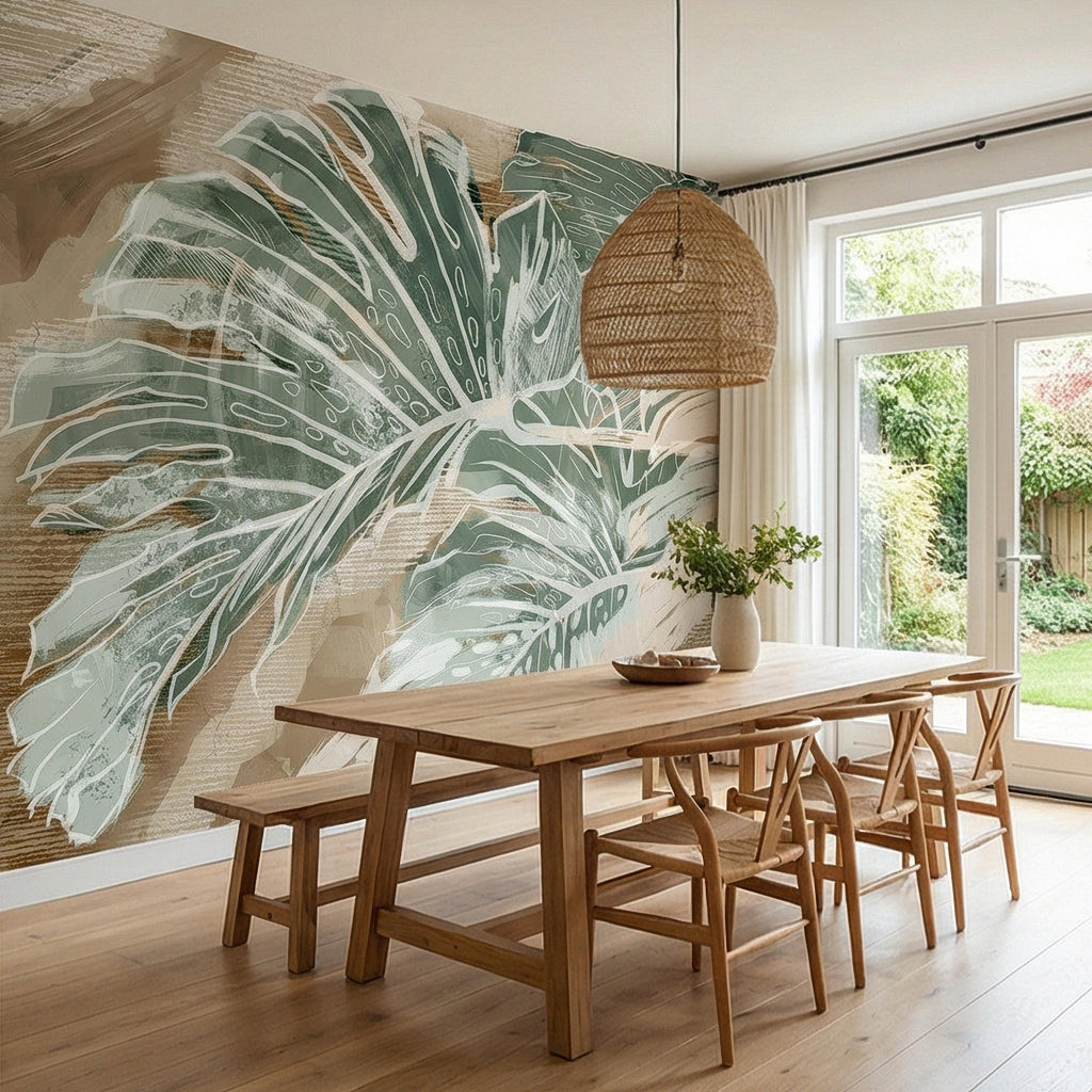 Abstract Tropical Leaf Peel and Stick Wall Mural, Sage Green Monstera Line Art, Neutral Beige Botanical Modern Wallpaper